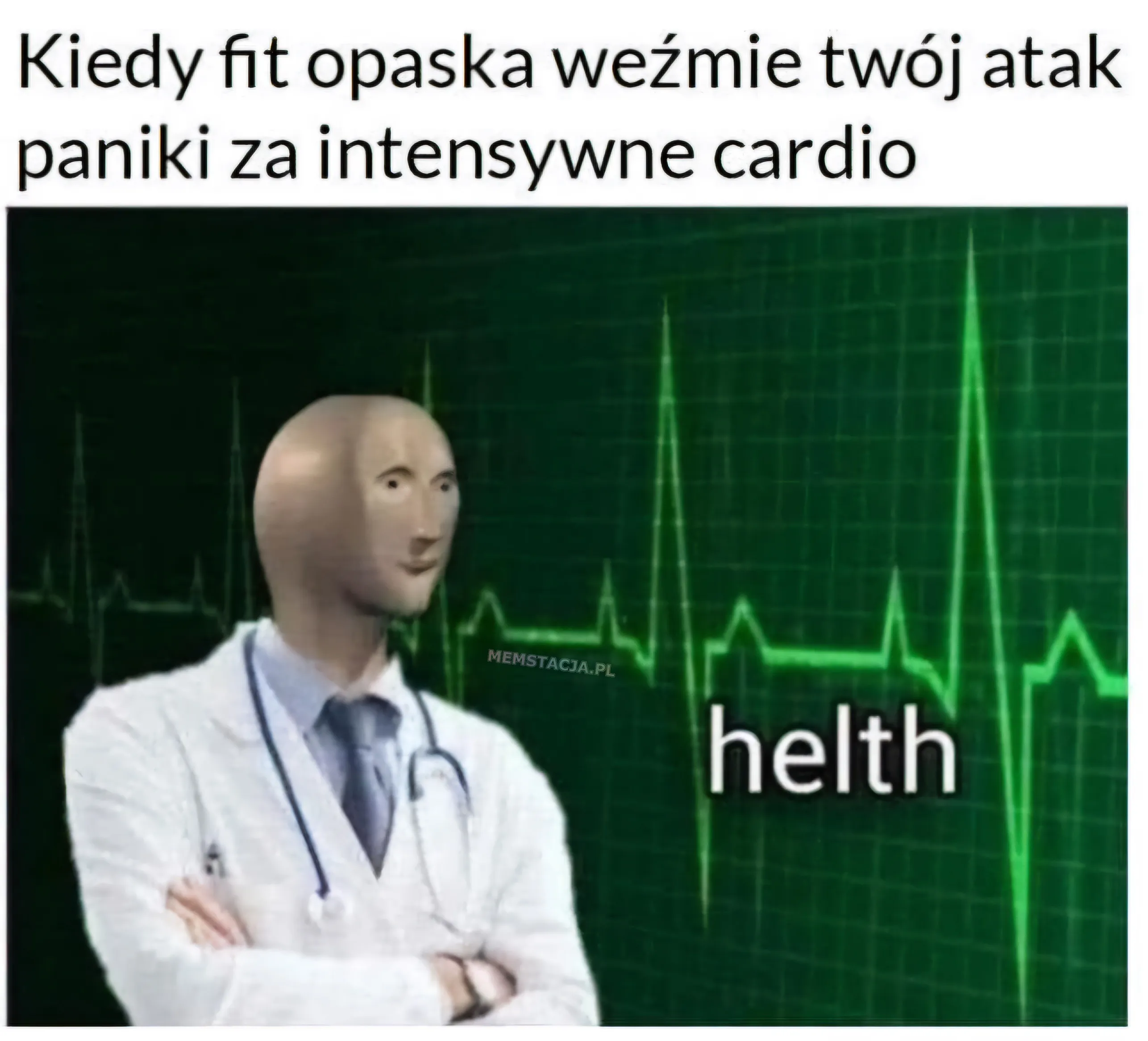 Kiedy fit opaska weźmie twój atak paniki za intesywne cardio: Manekin stojący przy wykresie pulsu i napisie "helth"