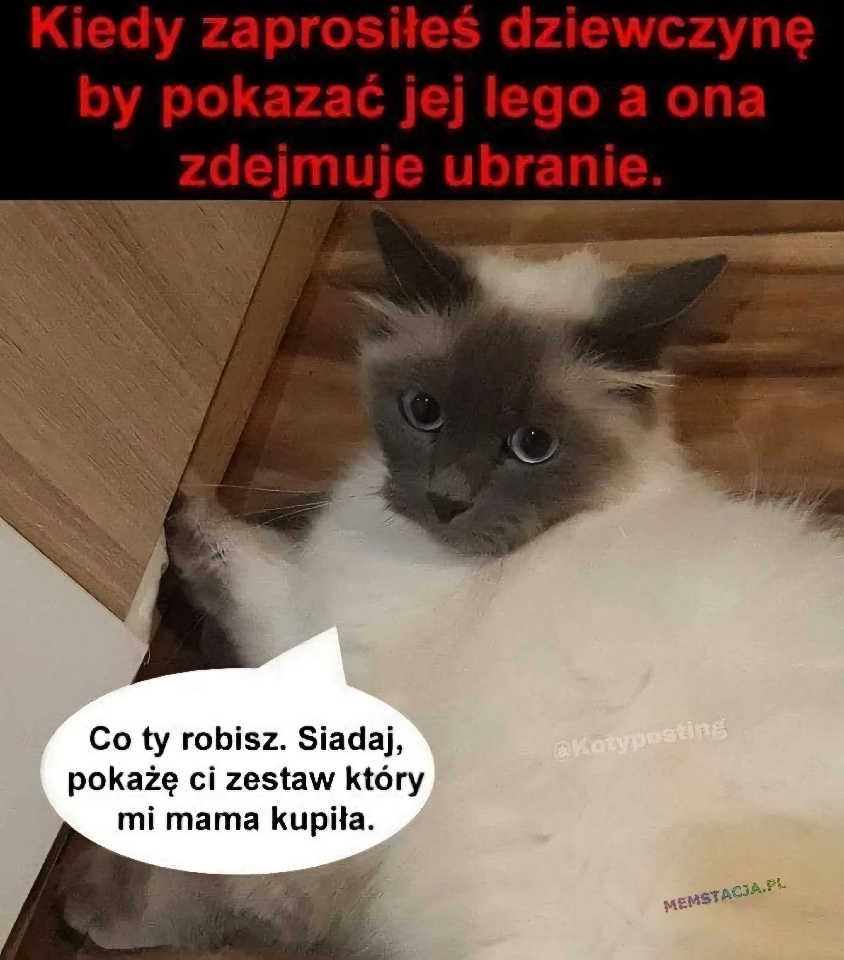 Mem o tytule: Nie wyszło jak planowałem 🫨 Kiedy zaprosiłeś dziewczynę by pokazać jej lego a ona zdejmuje ubranie. Co ty robisz. Siadaj, pokażę ci zestaw który mi mama kupiła.
