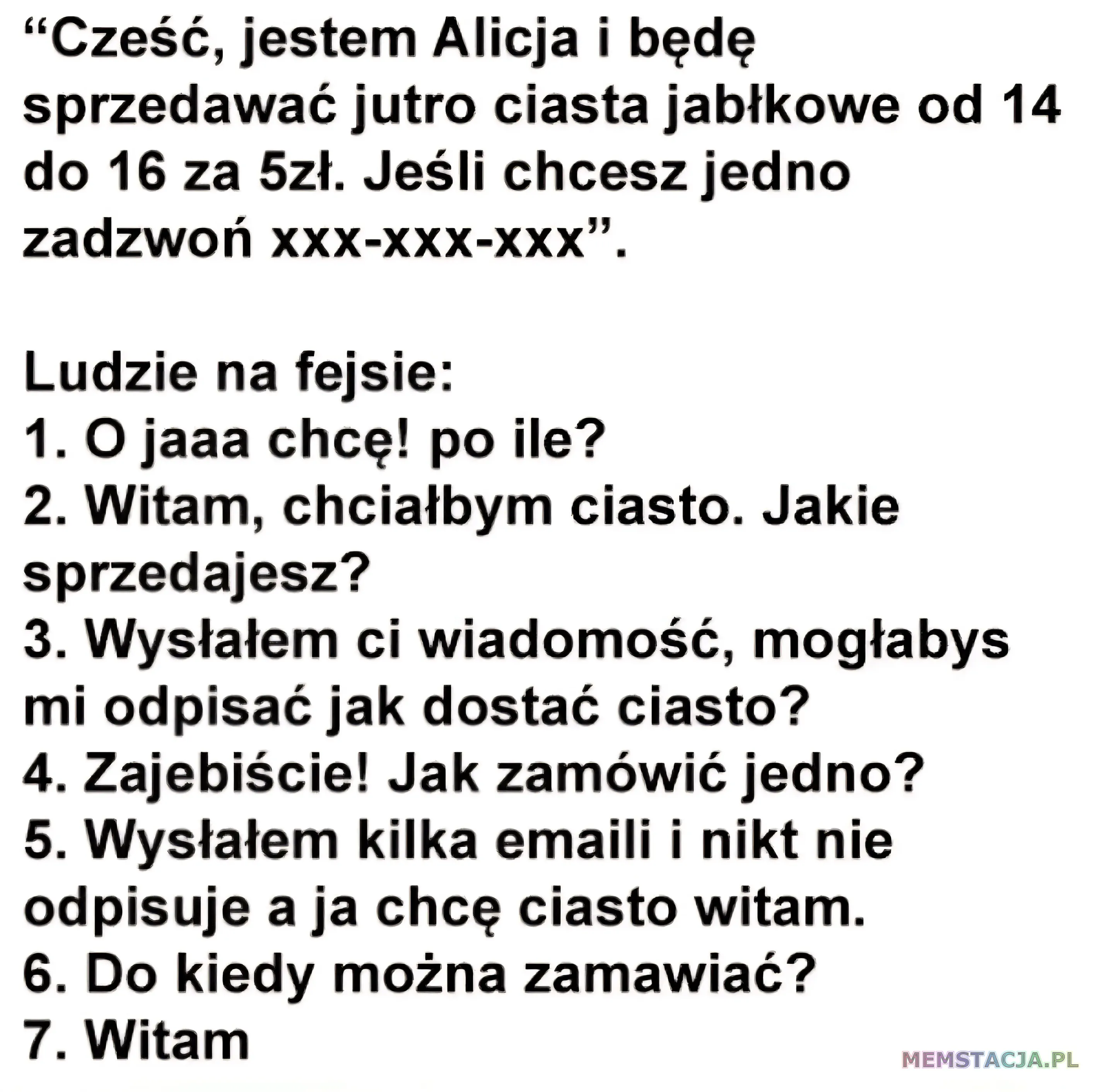Mem o tytule: Czytanie ze zrozumieniem – poziom Facebook 😶 Zabawny mem o sprzedaży ciasta jabłkowego i niezrozumieniu ogłoszenia przez użytkowników Facebooka. Przykład braku czytania ze zrozumieniem w internecie.