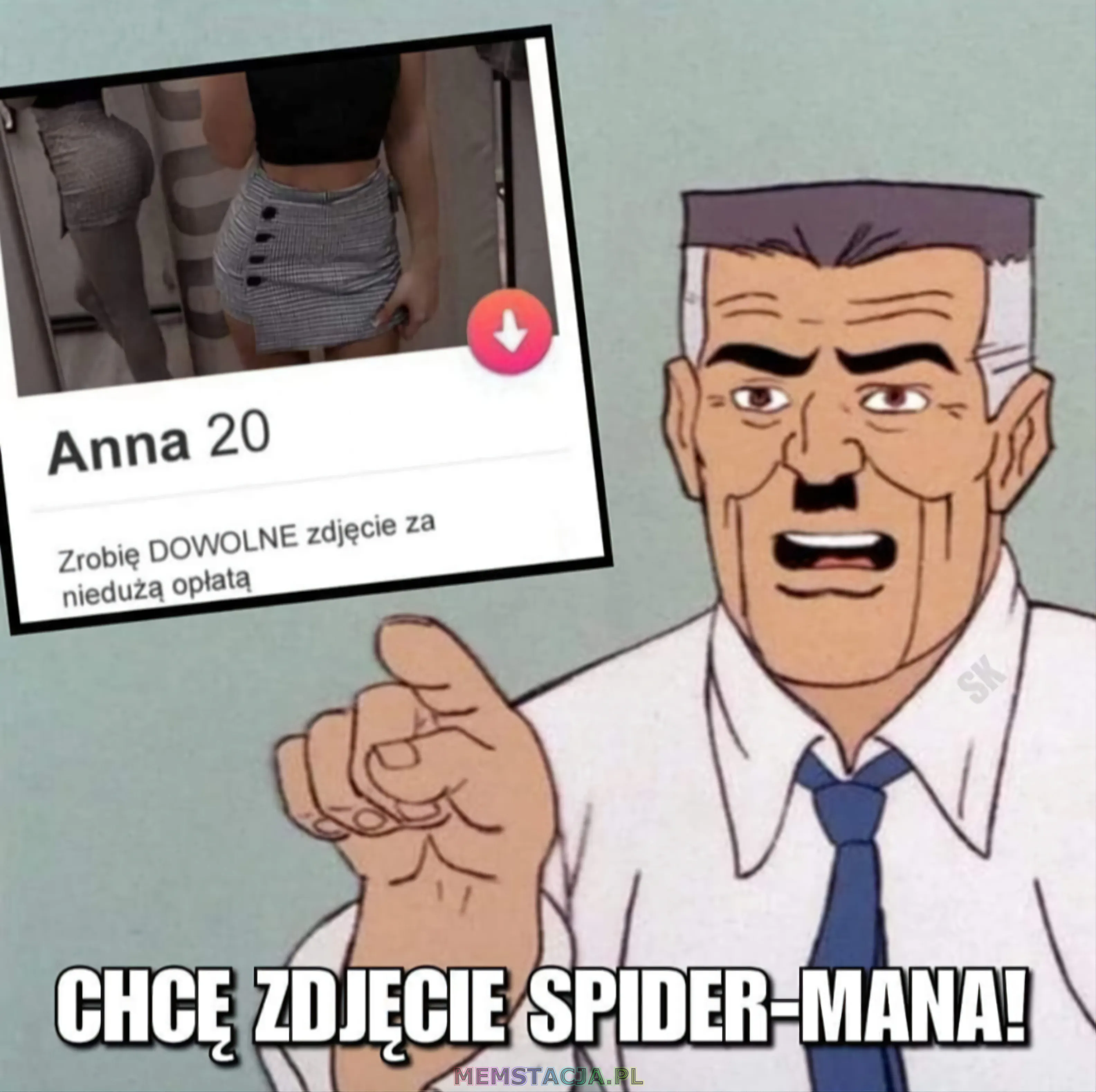 Mem przedstawiający ogłoszenie i mężczyzne: 'Anna 20 lat: Zdrobię dowolne zdjęcie za niedużą opłatą; On: Chcę zdjęcie Spider-MANA!'