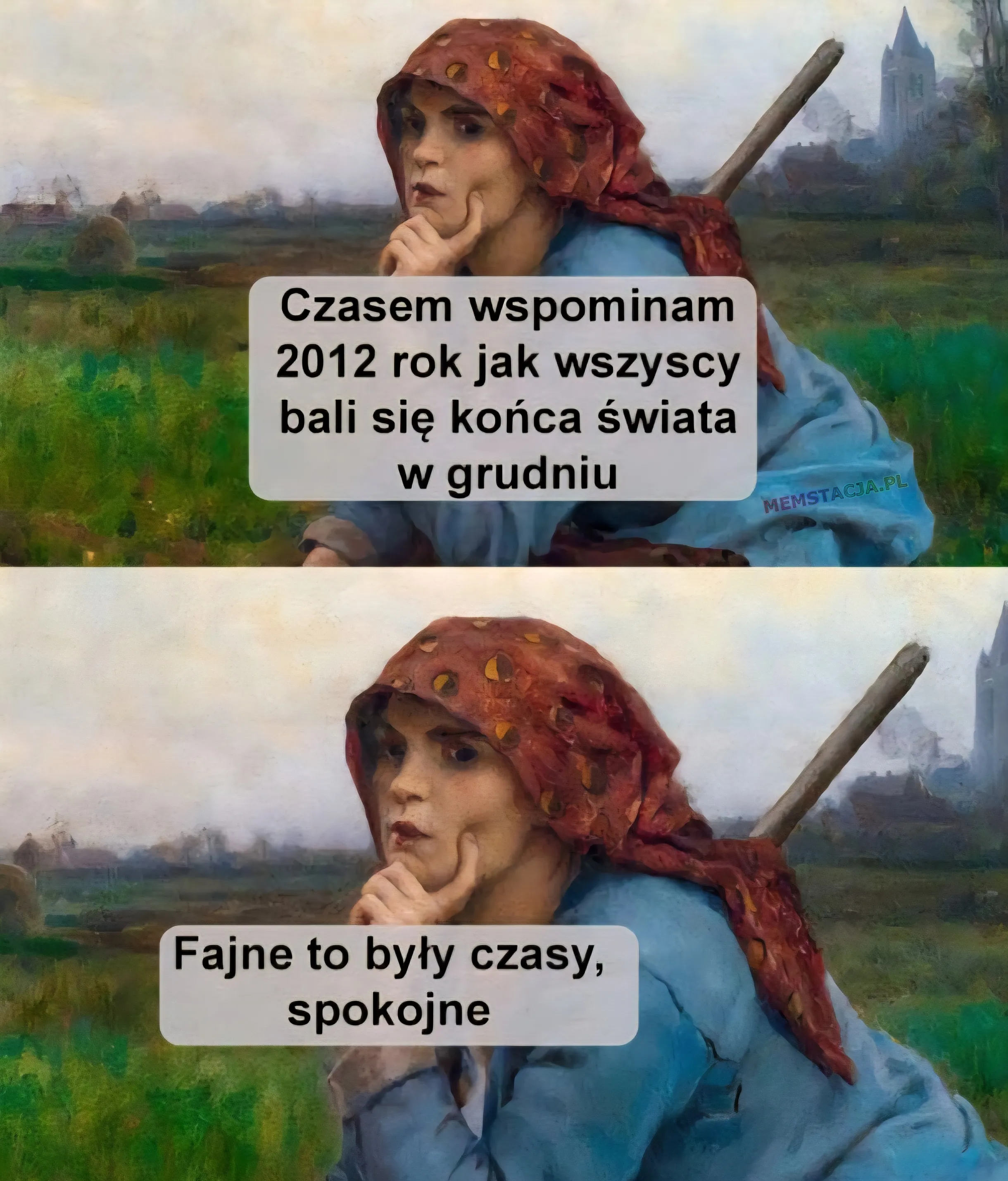 Obraz z zamyśloną kobietą, która siedzi na polu: Czasem wspominam 2012 rok jak wszyscy bali się końca świata w grudniu  Fajne to były czasy, spokojne.