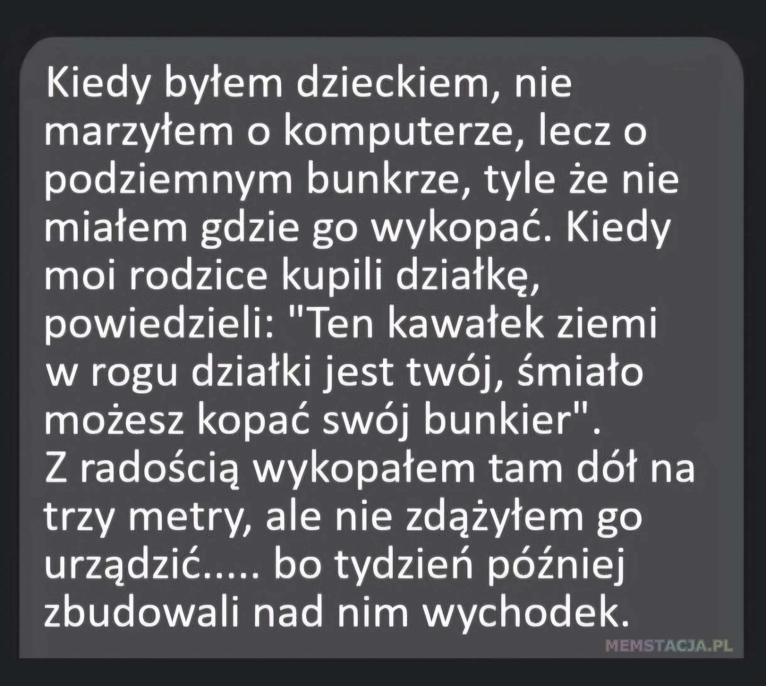 Screenshot przedstawiający historię użytkownika na temat swoich marzeń związanych z podziemnym bunkrem i planami rodziców autora.