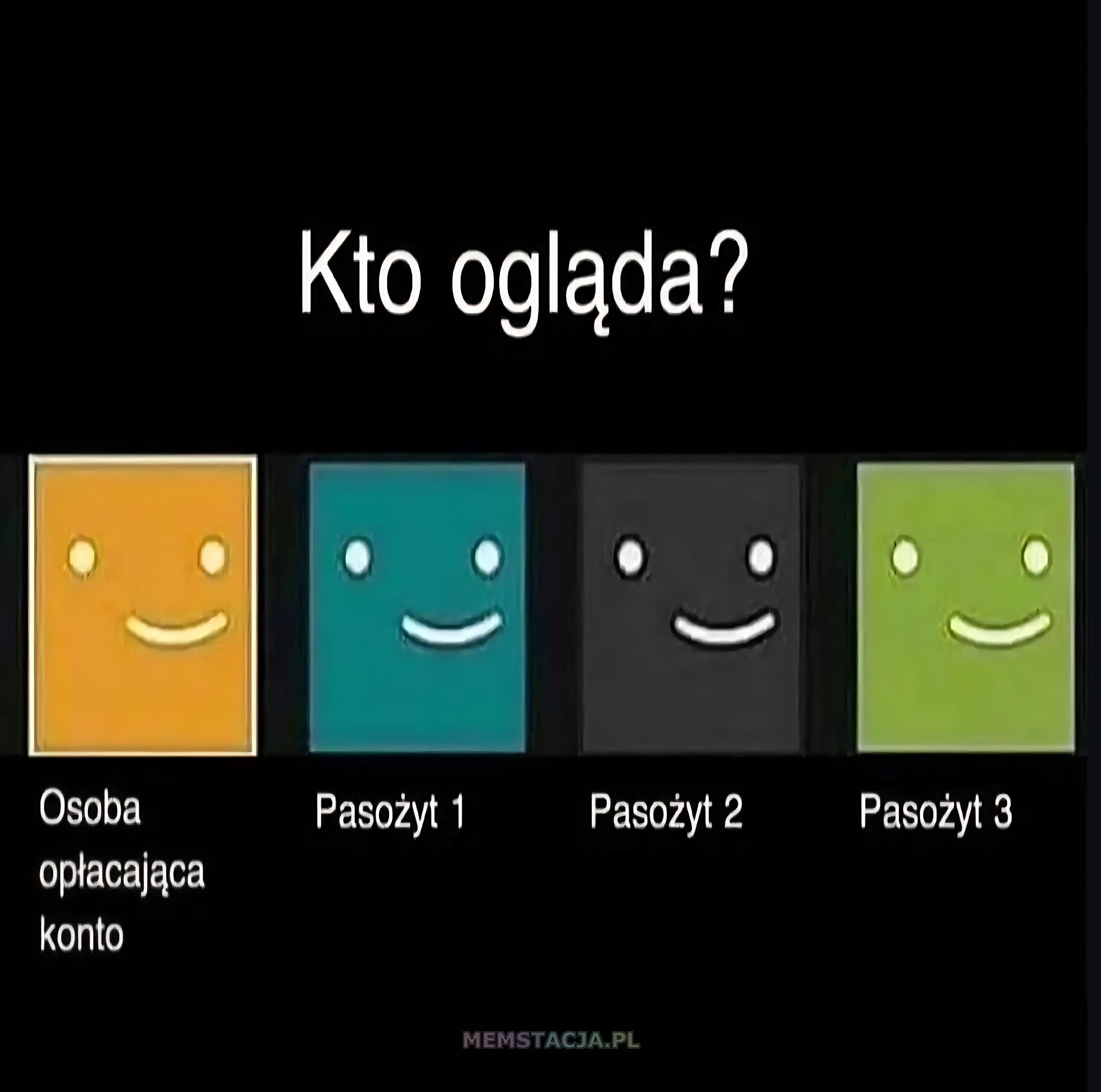 Mem o tytule: Twoje konto Netflix i ca艂a reszta 馃ゲ Zdj臋cie z napisem "Kto ogl膮da?" i lista profili na Netflix z nazwami: Osoba op艂acaj膮ca konto; Paso偶yt 1; Paso偶yt 2; Paso偶yt 3
