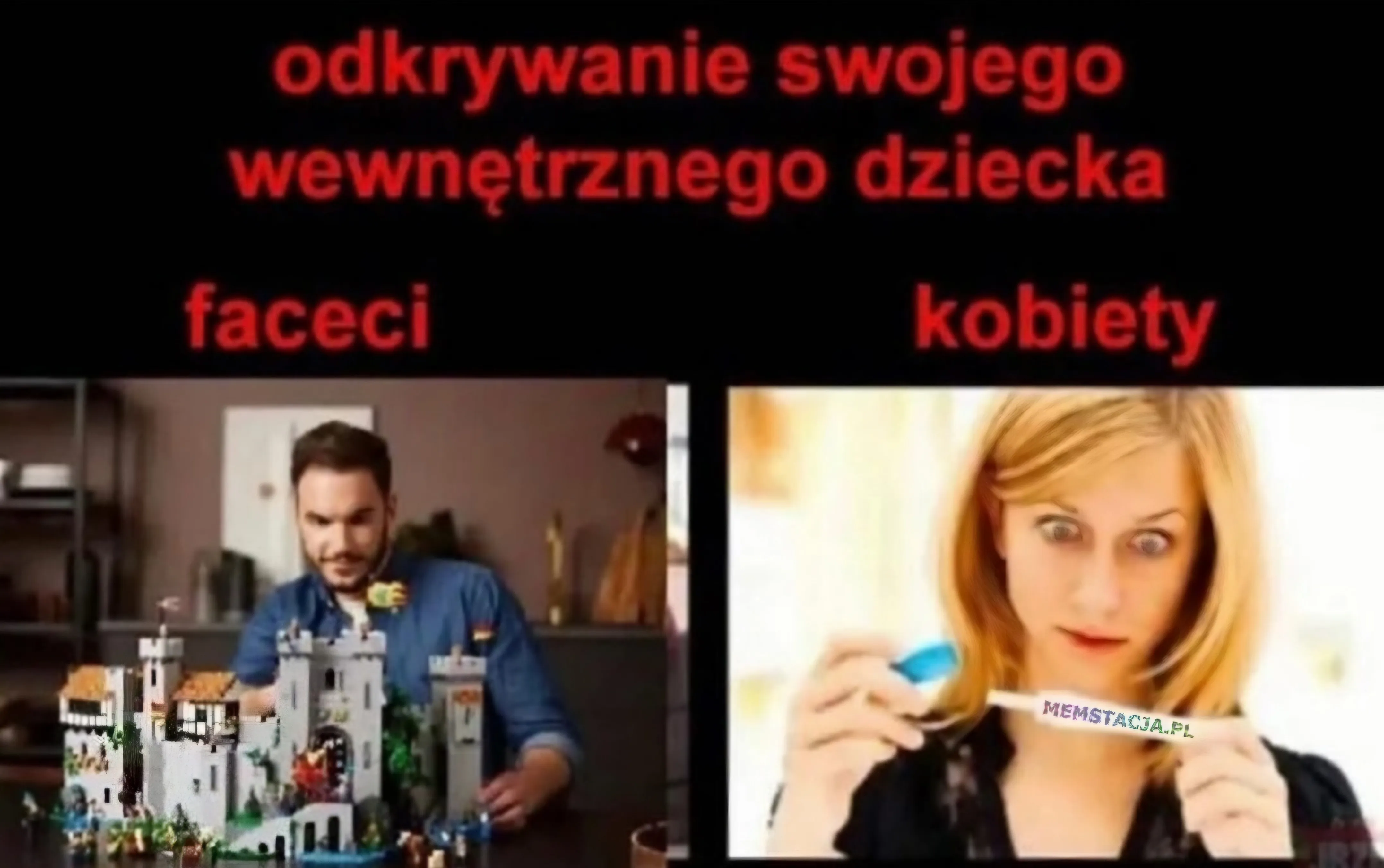 odkrywanie swojego wewnętrznego dziecka; faceci: Mężczyzna składający zamek z klocków; kobiety: Zdjęcie kobiety mocno zdziwionej, która trzyma test ciążowy