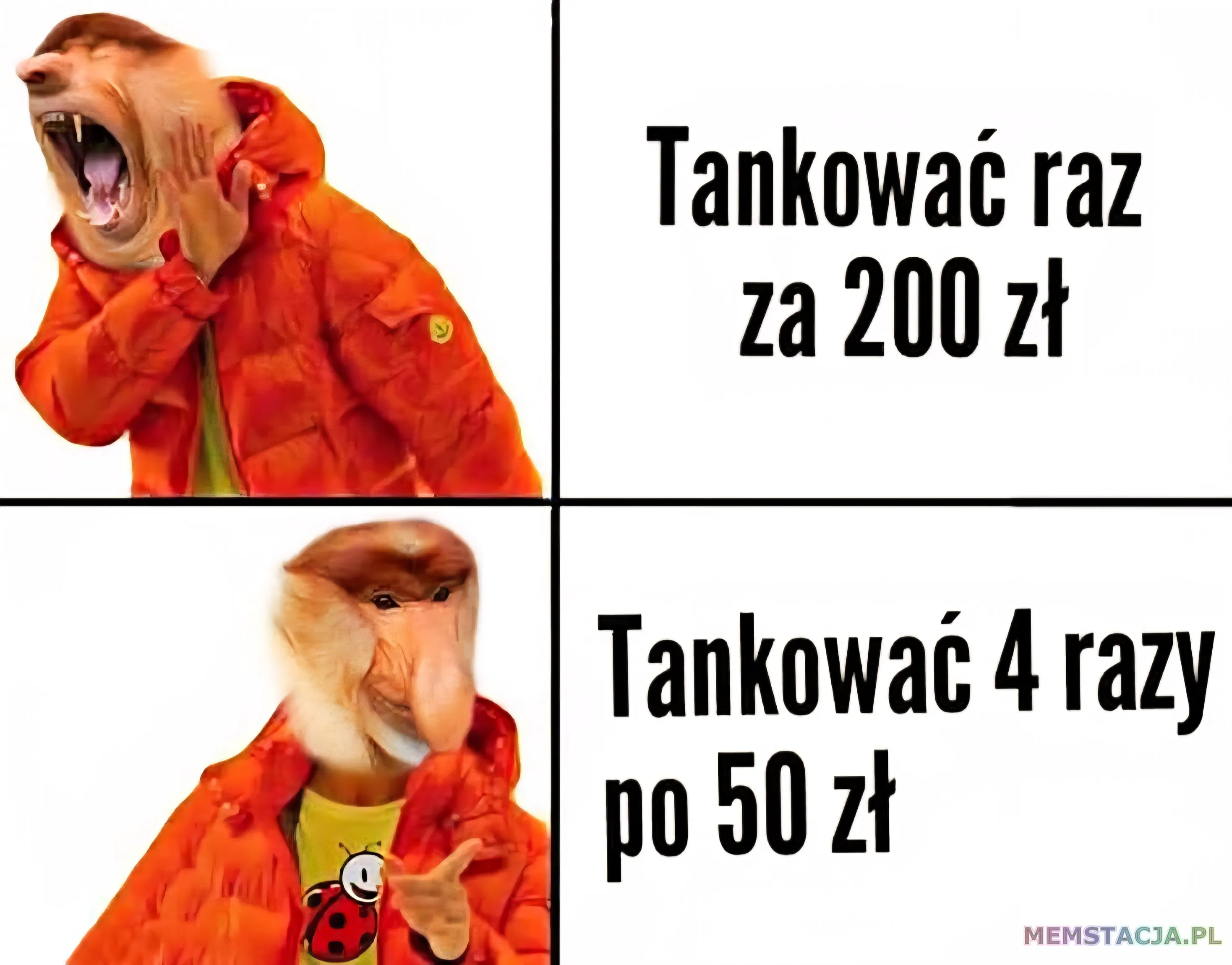 Mem o tytule: Trzeba tankowa膰 oszcz臋dnie? 馃槄 Dwupanelowy mem z nosaczem sundajskim (ma艂p膮 proboscis). W g贸rnym panelu nosacz krzyczy w przera偶eniu, a tekst obok to "Tankowa膰 raz za 200 z艂". W dolnym panelu nosacz u艣miecha si臋 spokojnie i wskazuje, z tekstem "Tankowa膰 4 razy po 50 z艂".