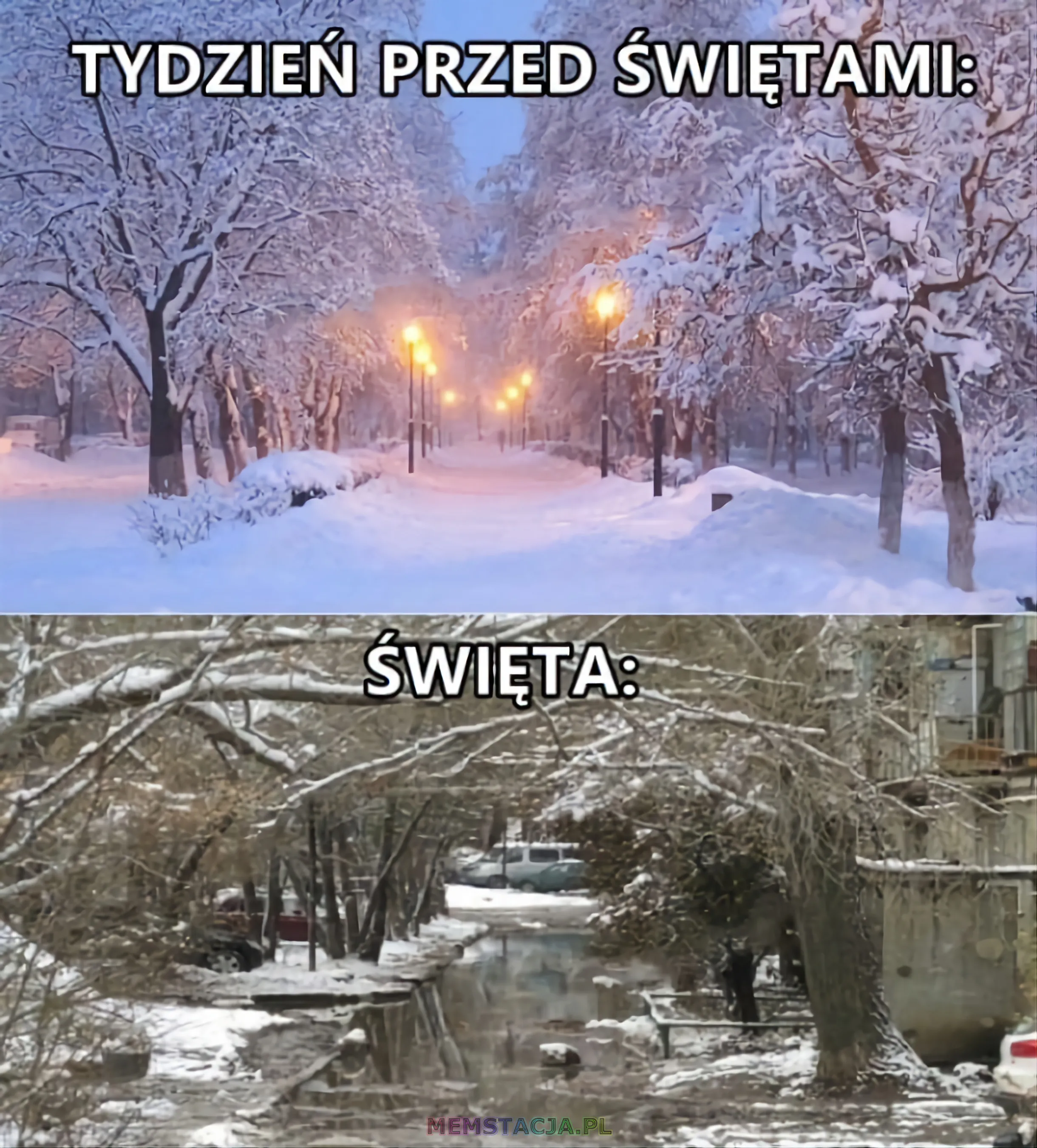 Mem przedstawiający obraz zimy przed i po świętach