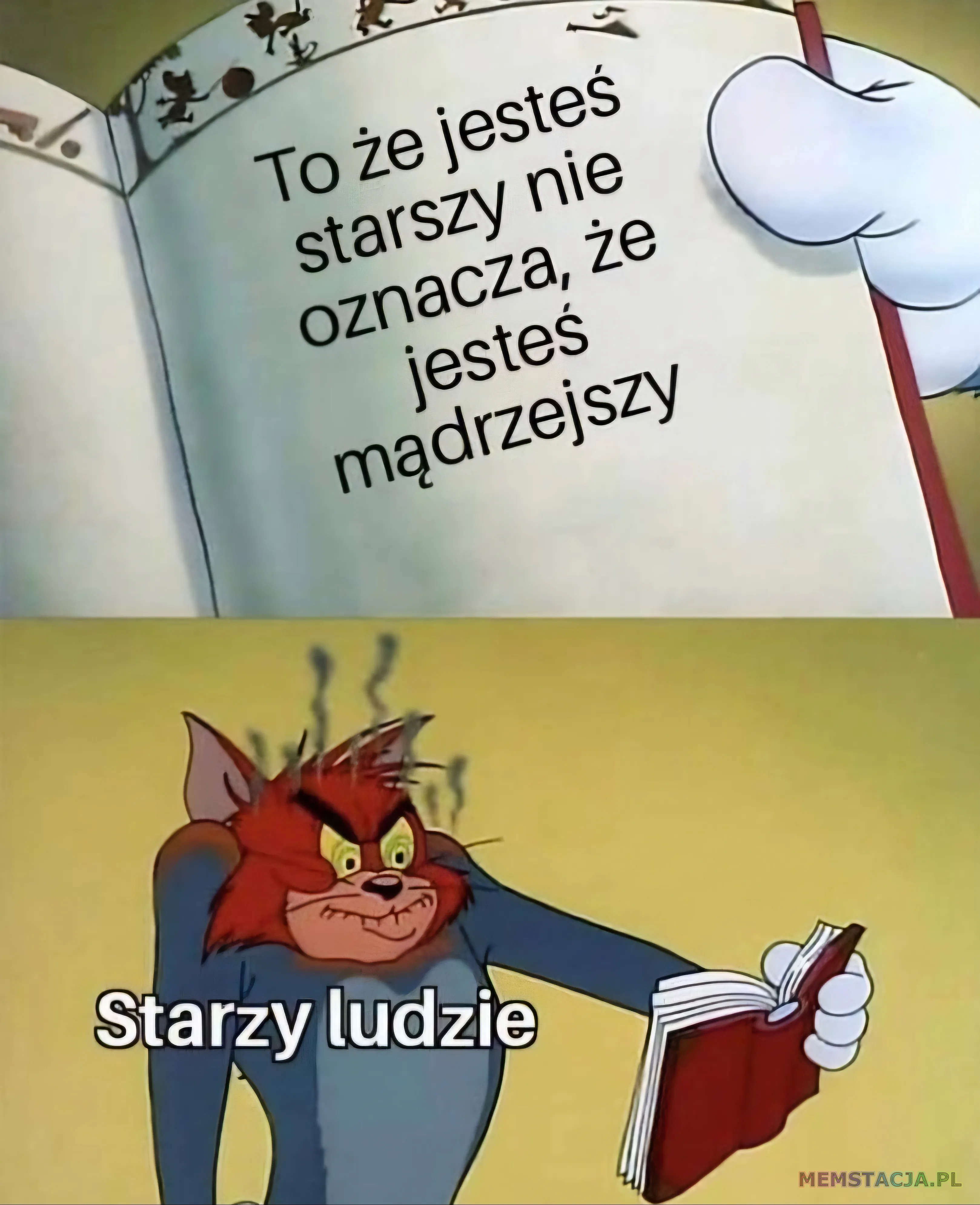 To że jesteś starszy nie oznacza, że jesteś mądrzejszy; Zdjęcie rozłoszczonego rysunkowego kota, który przedstawia starych ludzi