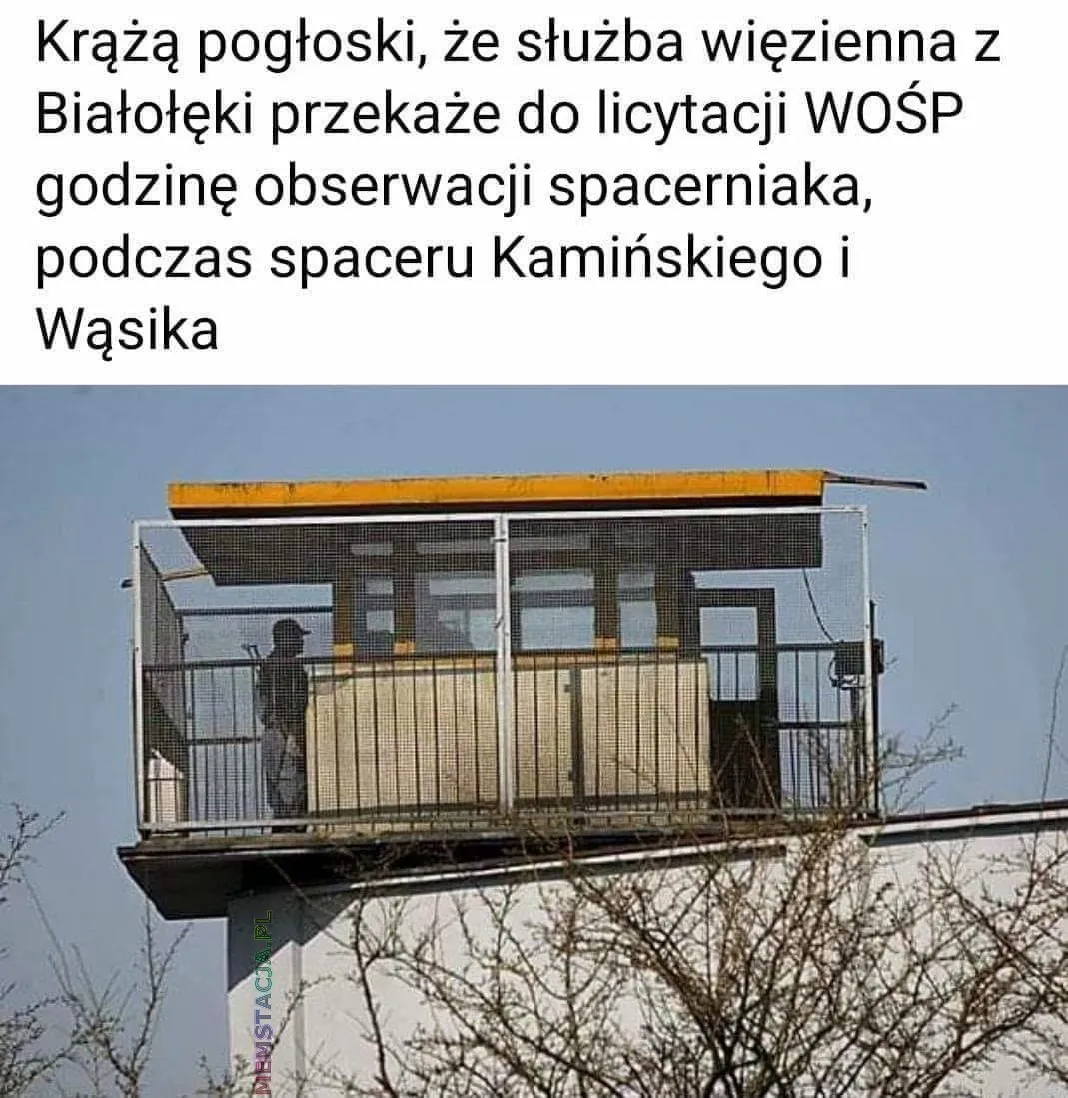 Mem przedstawiający budkę do obserwacji spacerniaka: 'Krążą pogłoski, że służba więzienna z Białołęki przekaże do licytacji WOŚP godzinę obserwacji spacerniaka, podczas spaceru Kamińskiego i Wąsika'