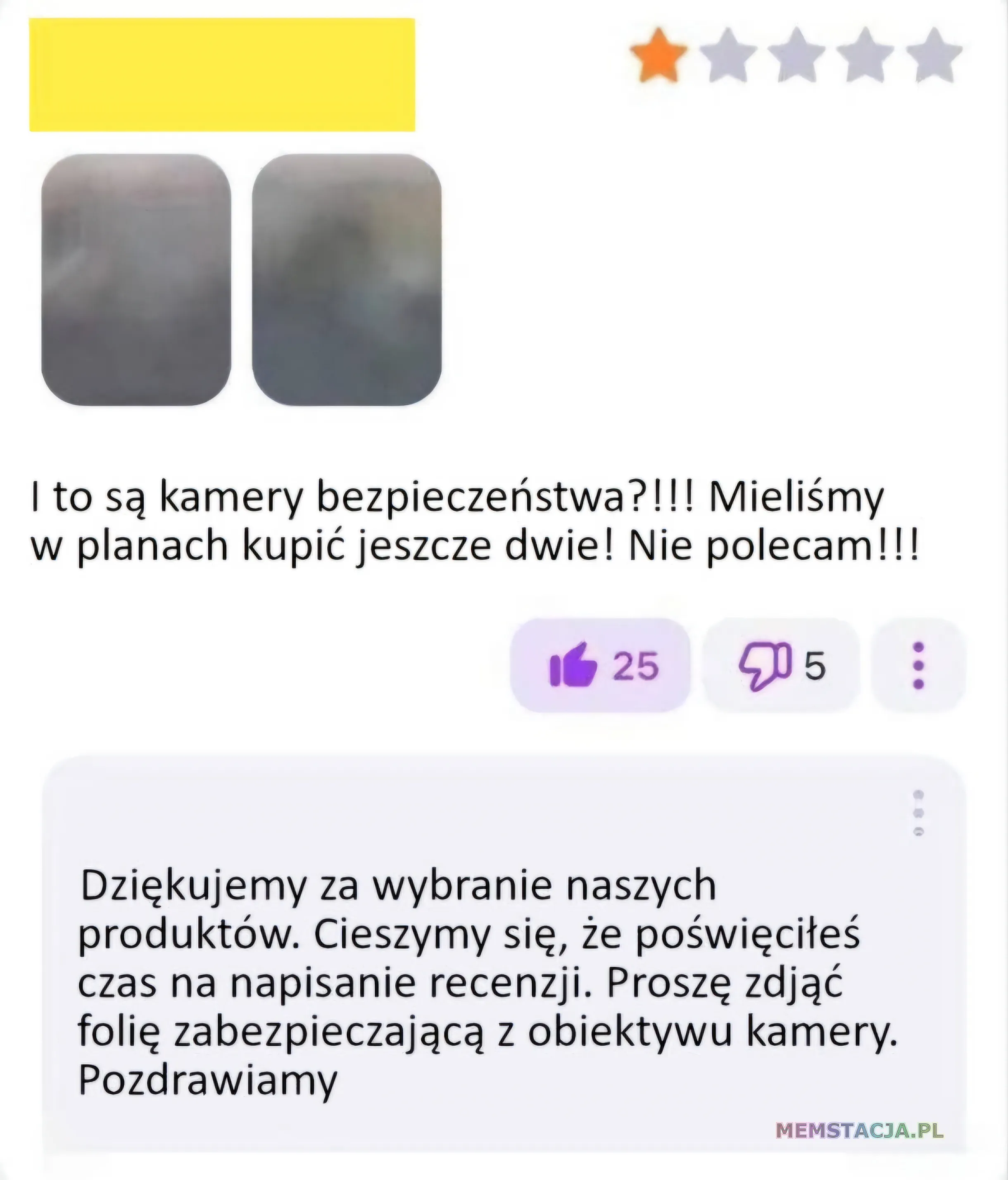 Screenshot opinii i odpowiedź sprzedawcy na ten komentarz.