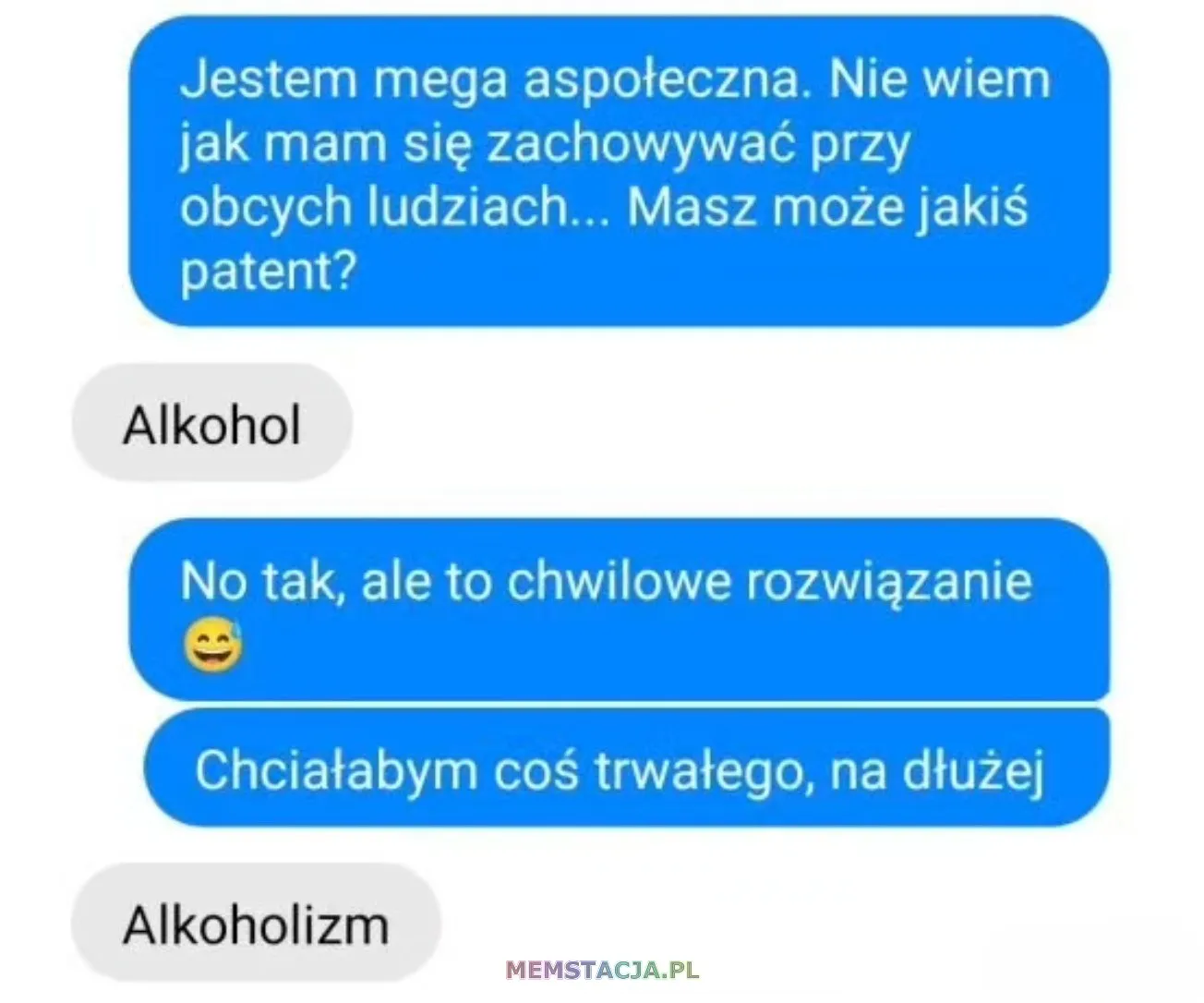 Mem o tytule: Kiedy jeste艣 aspo艂eczna. Mamy rozwi膮zanie! 馃槈 Konwersacja na Messengerze mi臋dzy osobami, kt贸rym tematem przewodnim jest aspo艂eczno艣膰.