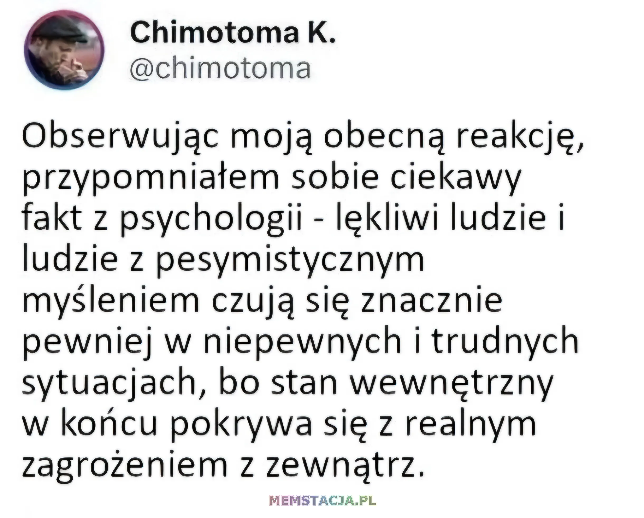 Post z social media: "Obserwując moją obecną reakcję, przypomniałem sobie ciekawy fakt z psychologii"