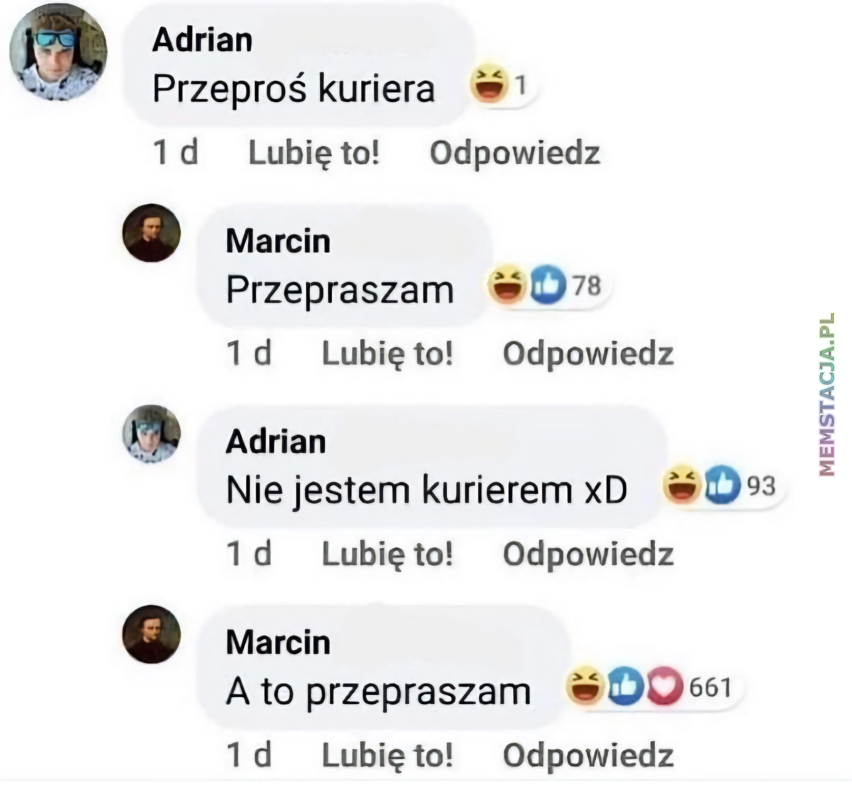 Mem o tytule: Przeproś kuriera 🥲 Komentarze pod postem na Facebooku.