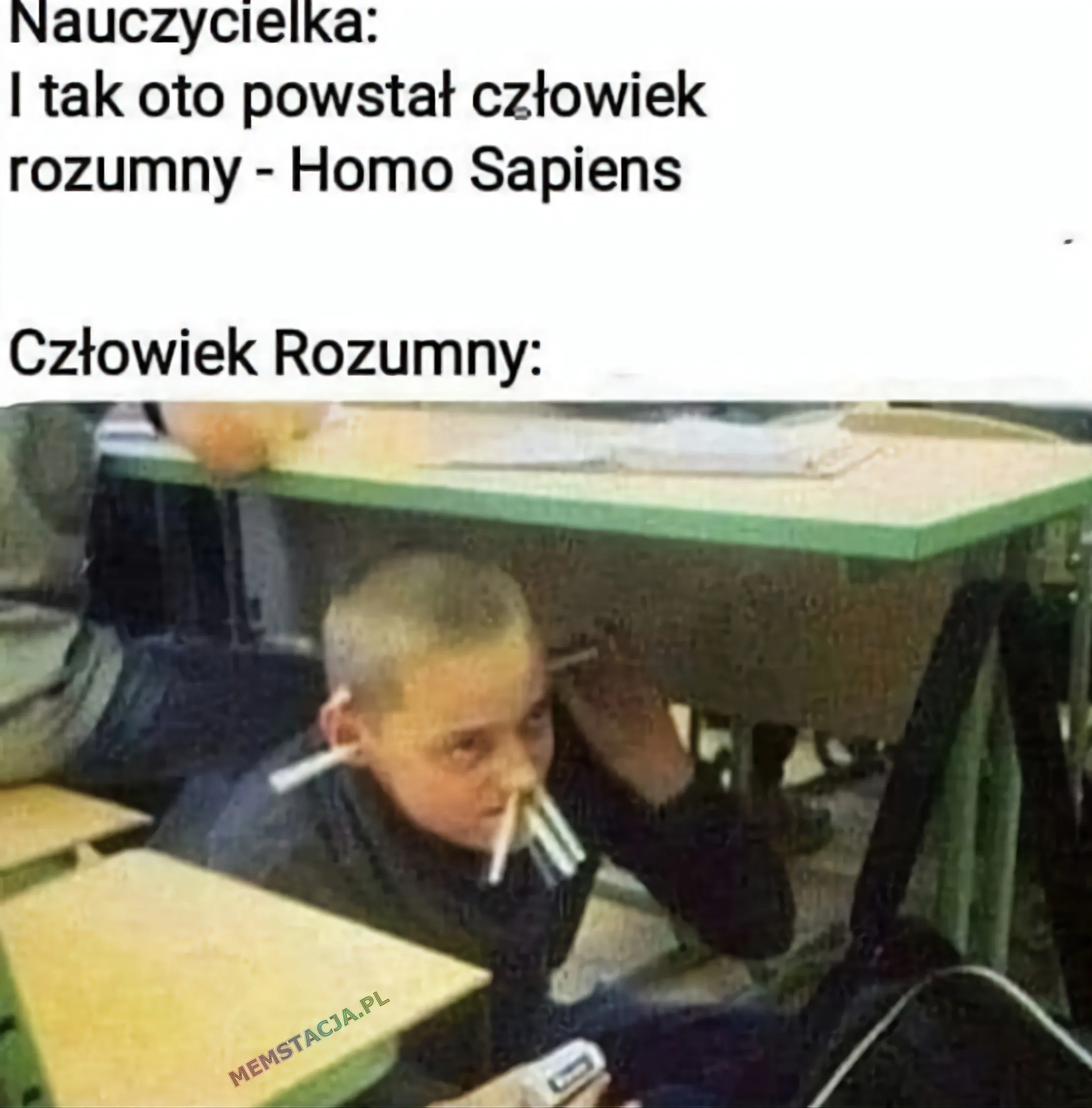 Zdjęcie chłopaka pod ławką szkolną: 'Nauczycielka: I tak oto powsał człowiek rozumny - Homo Sapiens'