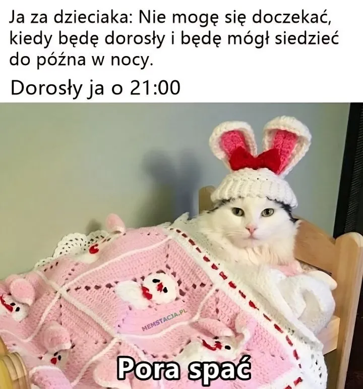 Ja za dzieciaka: Nie moge się doczekać, kiedy bedę dorosty! Bedę mógł siedzieć do późna nocy. Dorosły ja 21: Pora spać