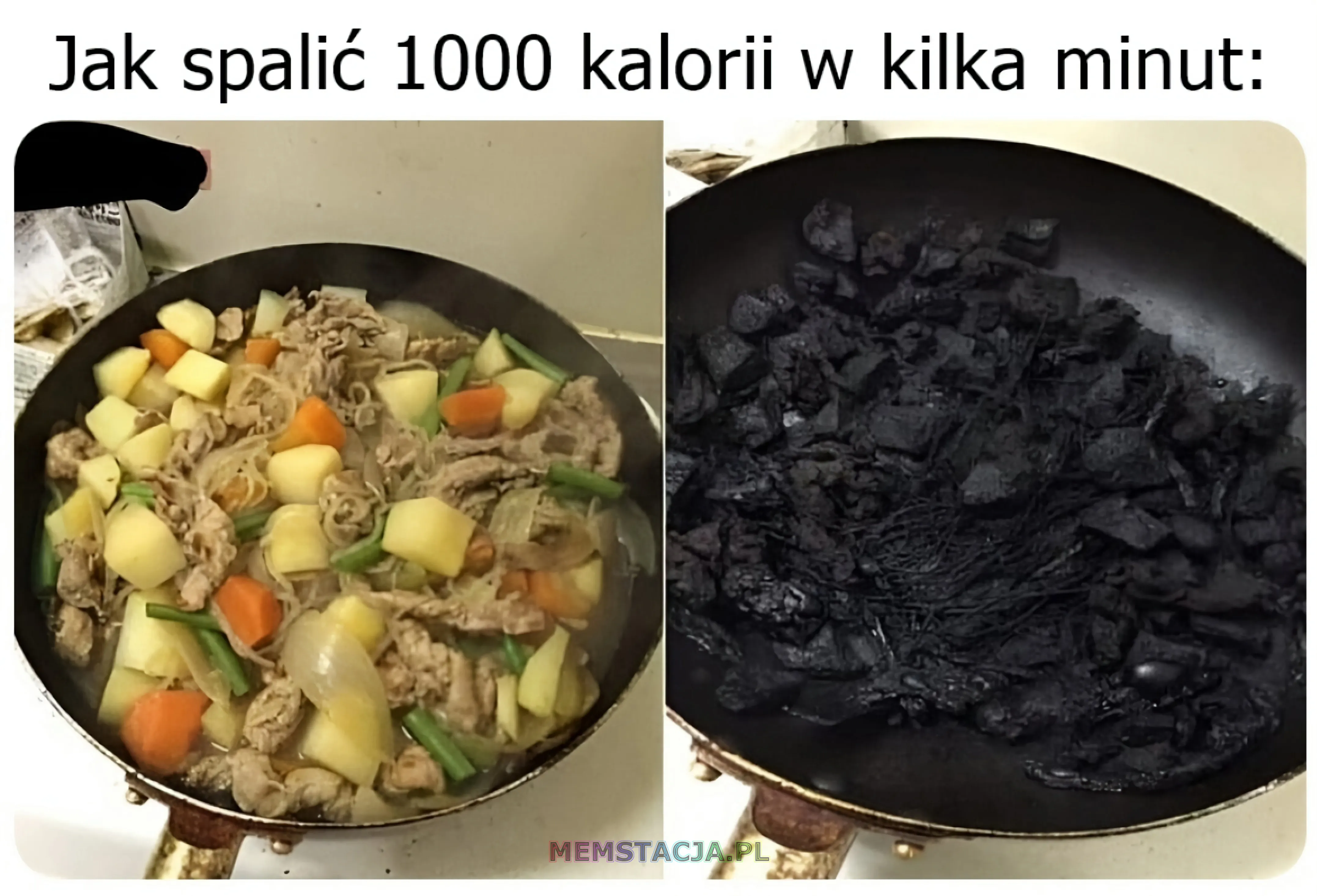 Zdjęcia przedstawiające patelnię z pysznym jedzeniem i drugie z kawałkami węgla: 'Jak spalić tysiąc kalorii w kilka minut'