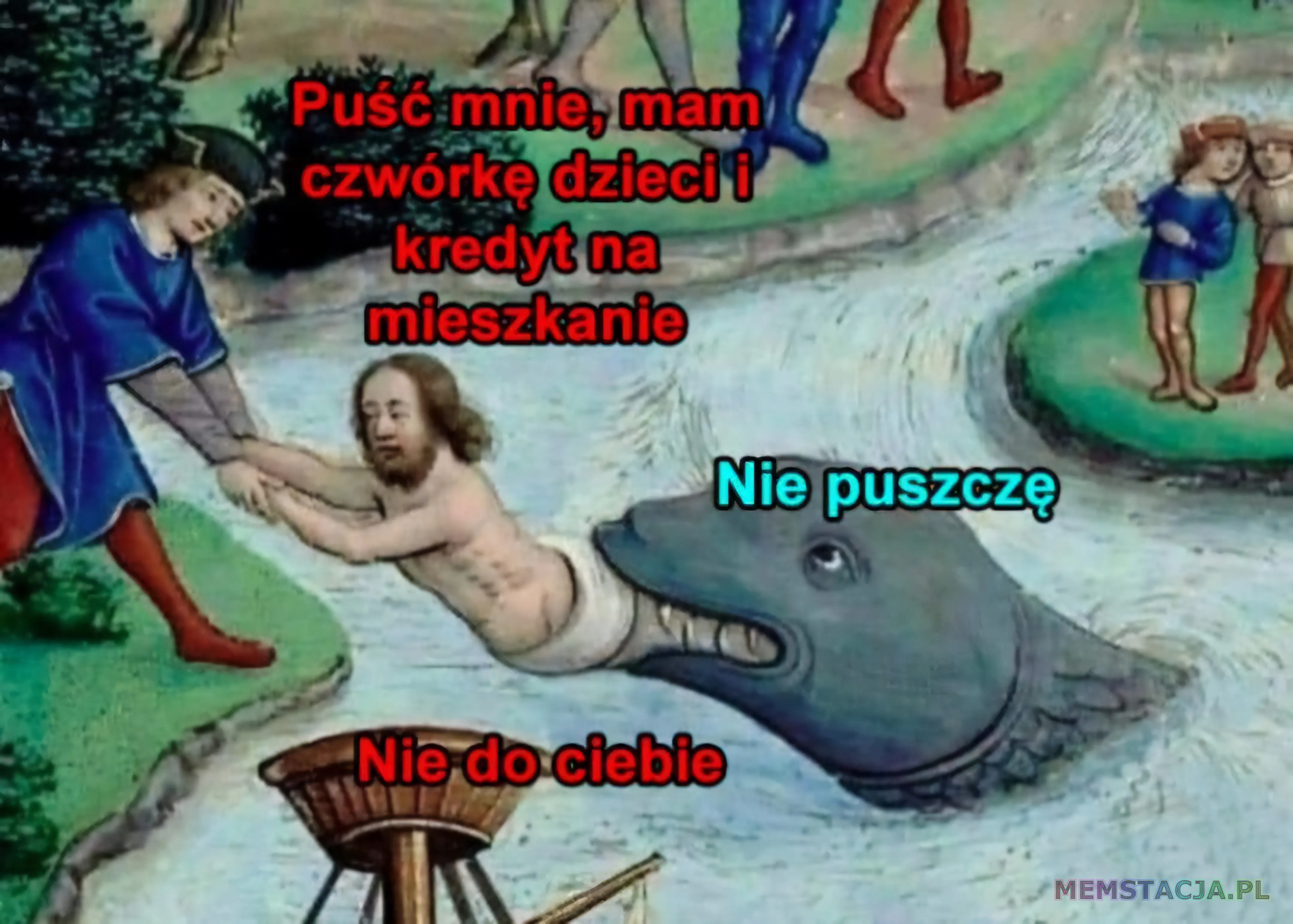 Rysunek z trzema głównymi postaciami: Puść mnie, mam czwórkę dzieci i kredyt na mieszkanie. Nie puszczę. Nie do ciebie.