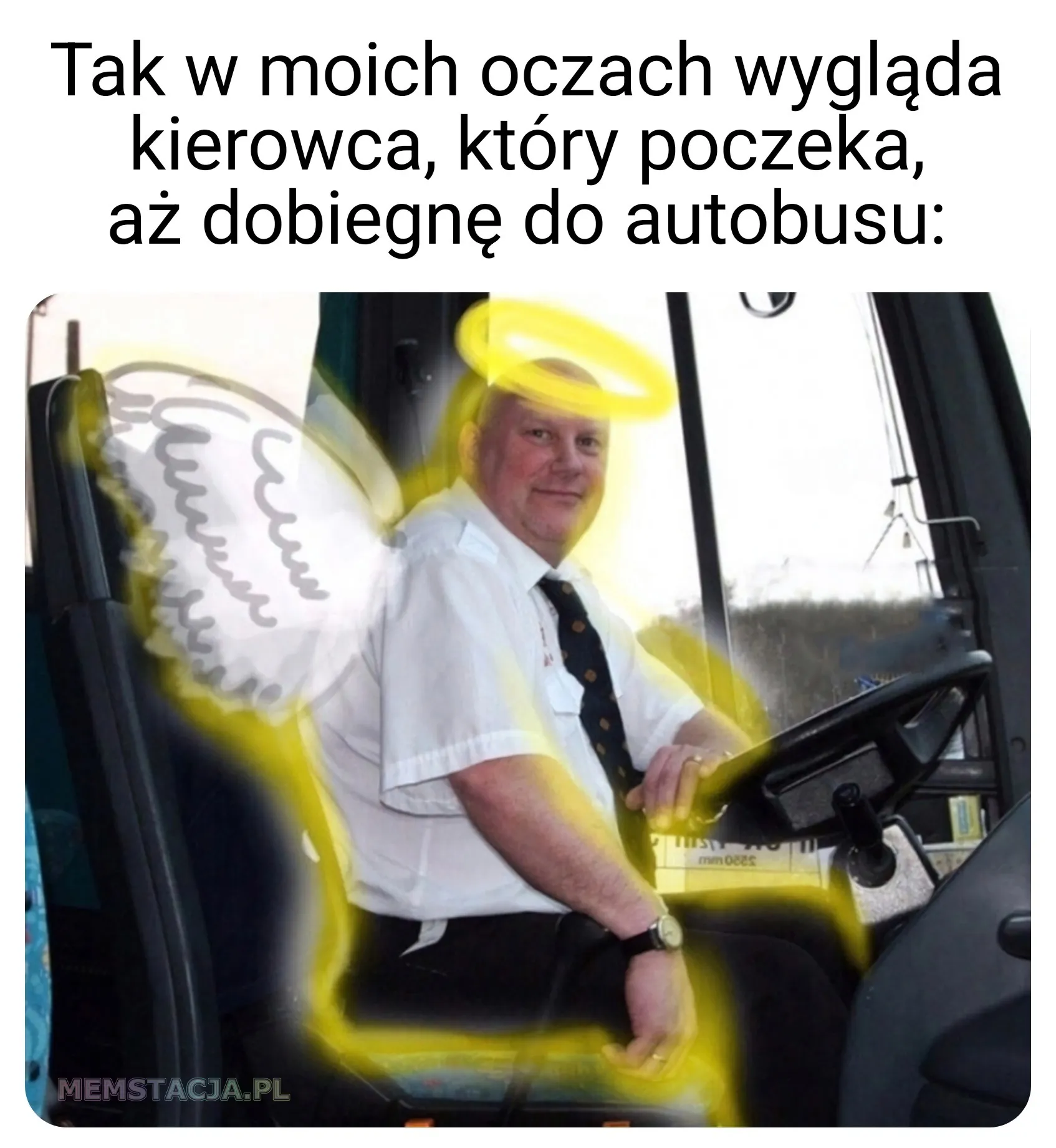 Mem przedstawiający kierowcę autobusu jako anioła: 'Tak w moich oczach wygląda kierowca, który poczeka aż dobiegnę do autobusu'