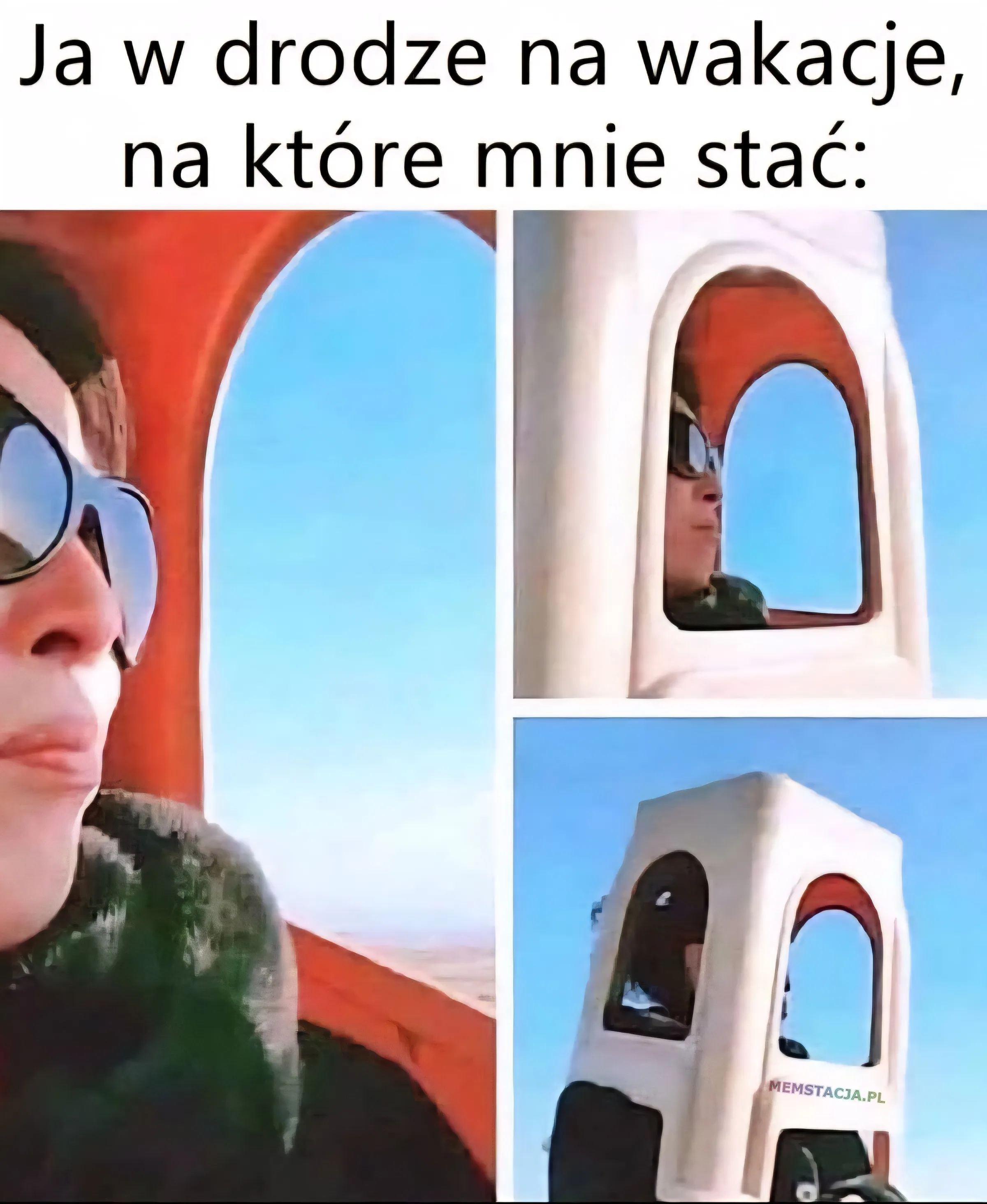 Ja w drodze na wakacje, na które mnie stać: Kolaż, selfie z uśmiechem w samolocie + dwie zdjęcia postaci i krzesła, symbolizujące marzenia o wakacjach i ograniczone środki finansowe. Humorystyczny mem o tęsknocie za podróżami.