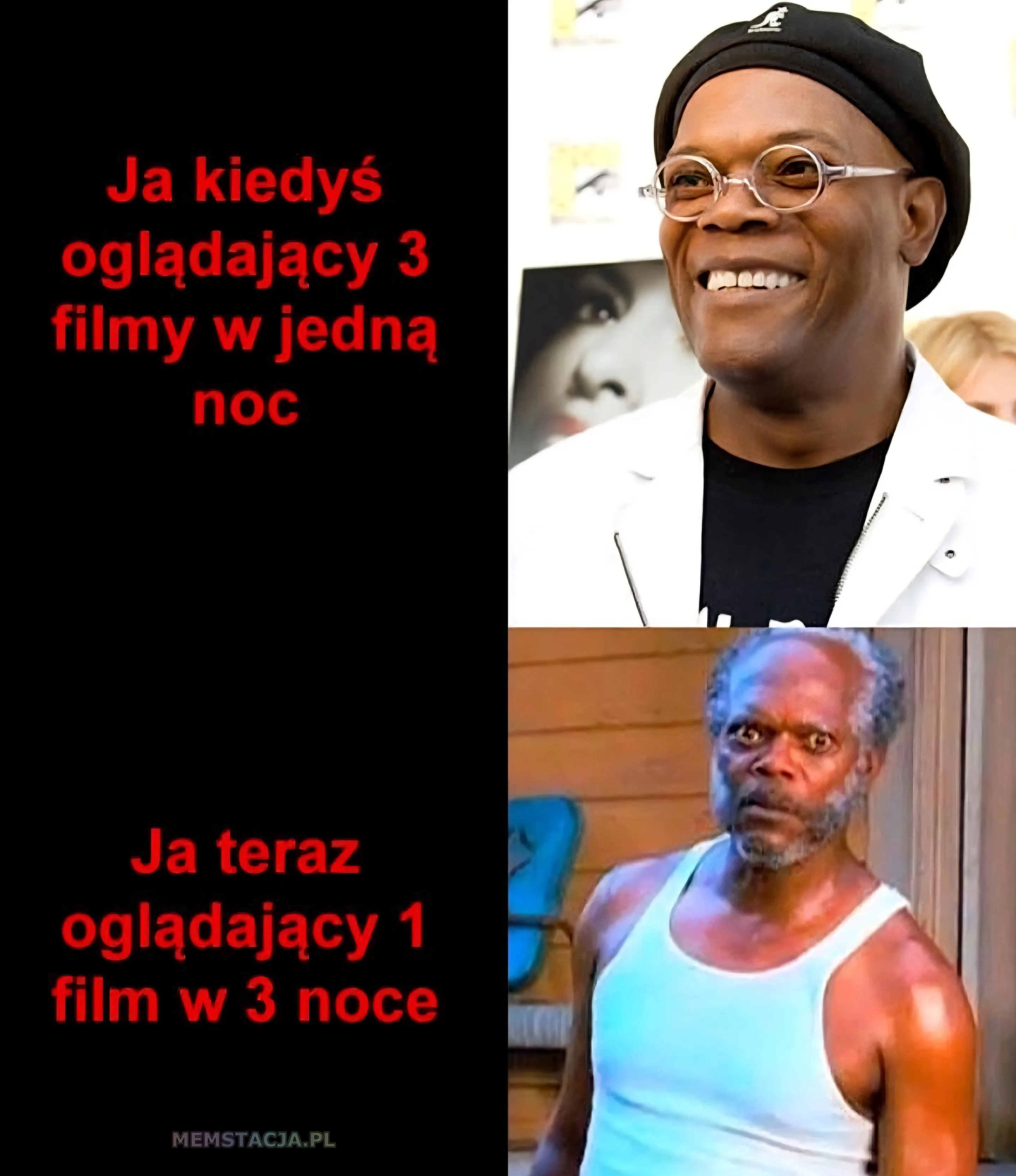 Mem o tytule: Kiedyś to się dało 😅 Ja kiedyś oglądający 3 filmy w jedną noc: Uśmiechnięty i szczęśliwy, młody mężczyzna.; Ja teraz oglądający 1 film w 3 noce: Zmęczony i zamyślony, starszy mężczyzna.