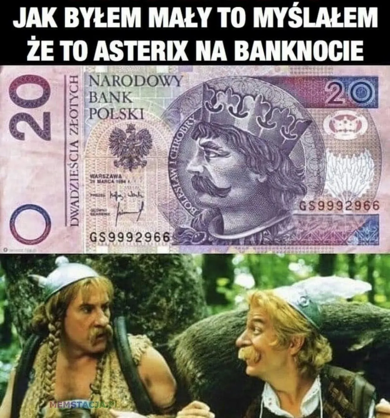 Zdjęcie banknotu dwadzieścia złotych i postaci Asterixa i Obelixa: 'Jak byłem mały to myślałem, że to Asterix na banknocie'