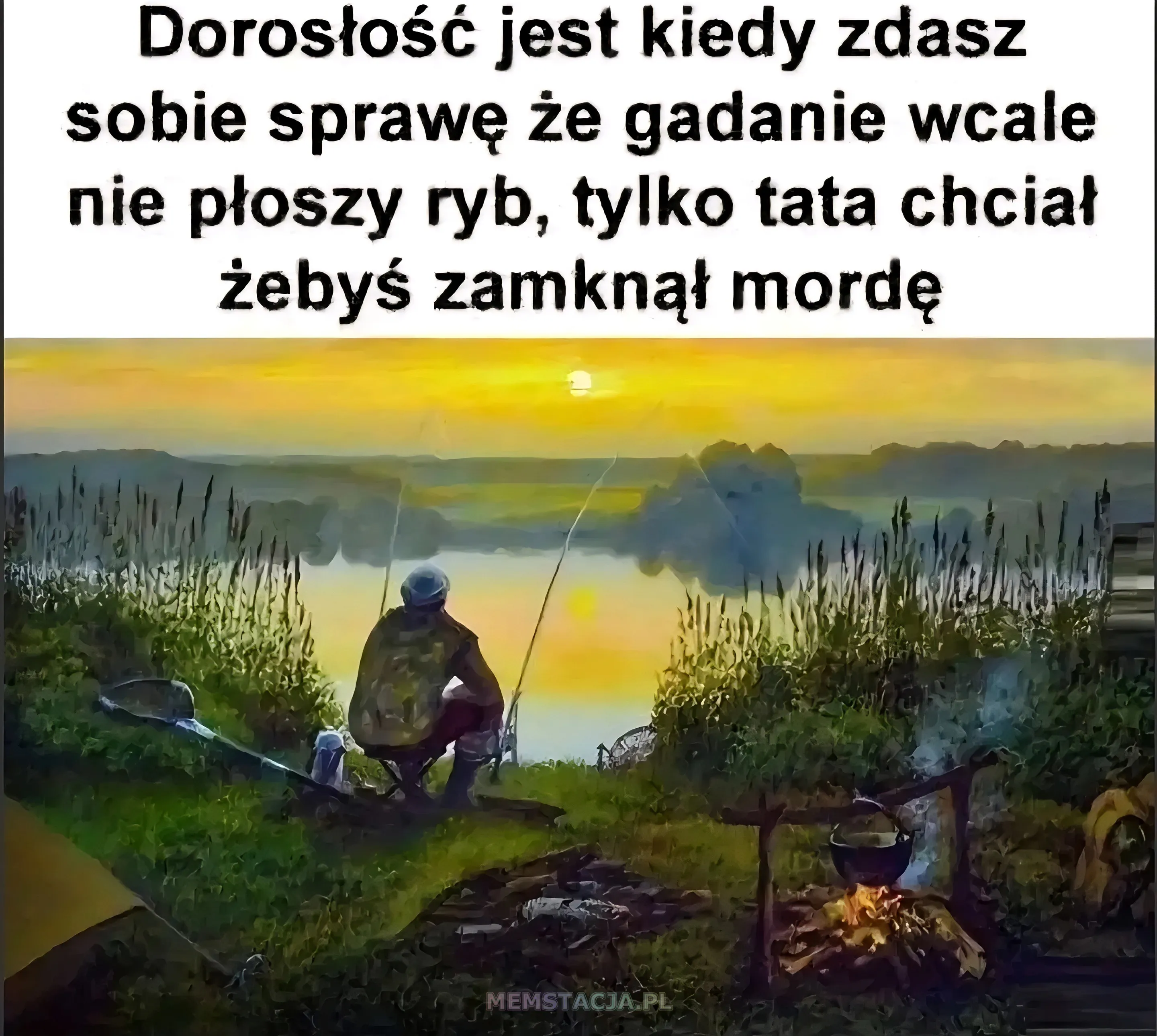 Mem o tytule: Prawda o doros艂o艣ci 馃 Doros艂o艣膰 jest kiedy zdasz sobie spraw臋, 偶e gadanie wcale nie p艂oszy ryb, tylko tata chcia艂 偶eby艣 zamkn膮艂 mord臋. Posta膰 siedz膮ca nad brzegiem jeziora i 艂owi膮ca ryby.