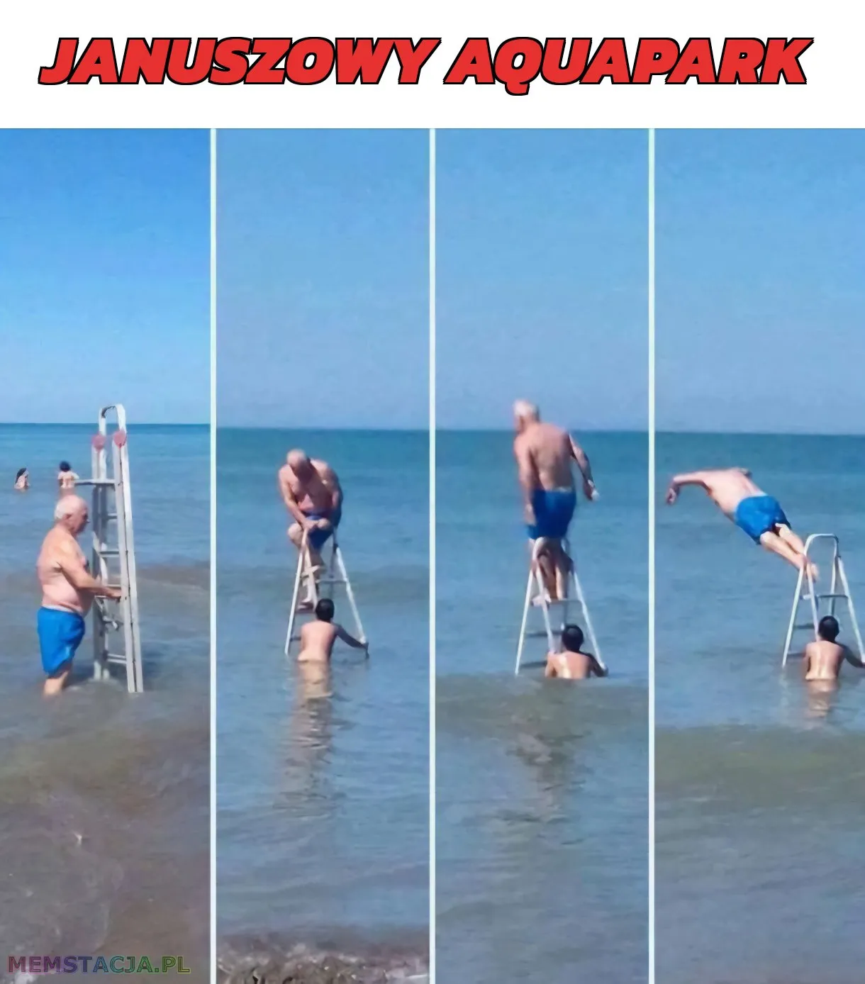 Januszowy aquapark: 'Starszy mężczyzna z dzieckiem, którzy skaczą do morza z drabinki'