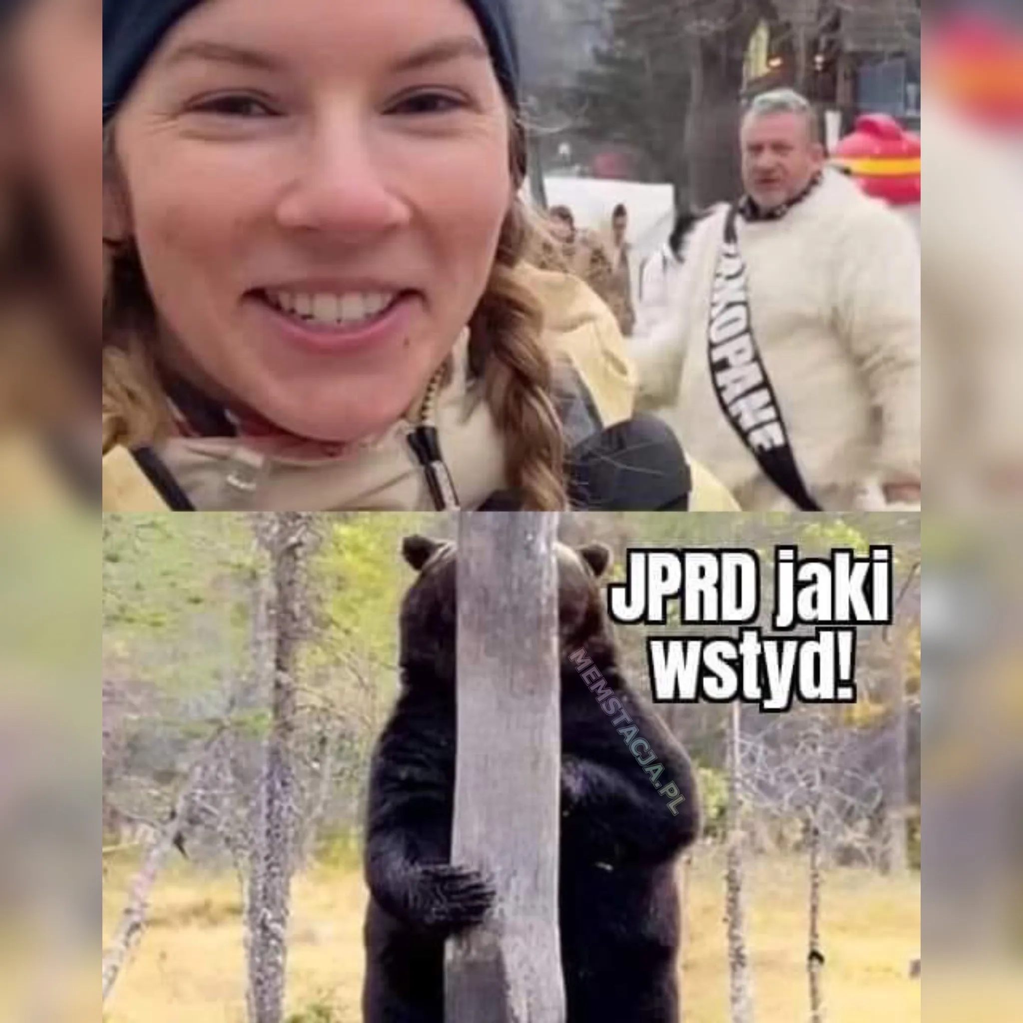 Mem przedstawiający kobietę, miśka z Zakopanem oraz dzikiego misia: 'JPRD jaki wstyd!'