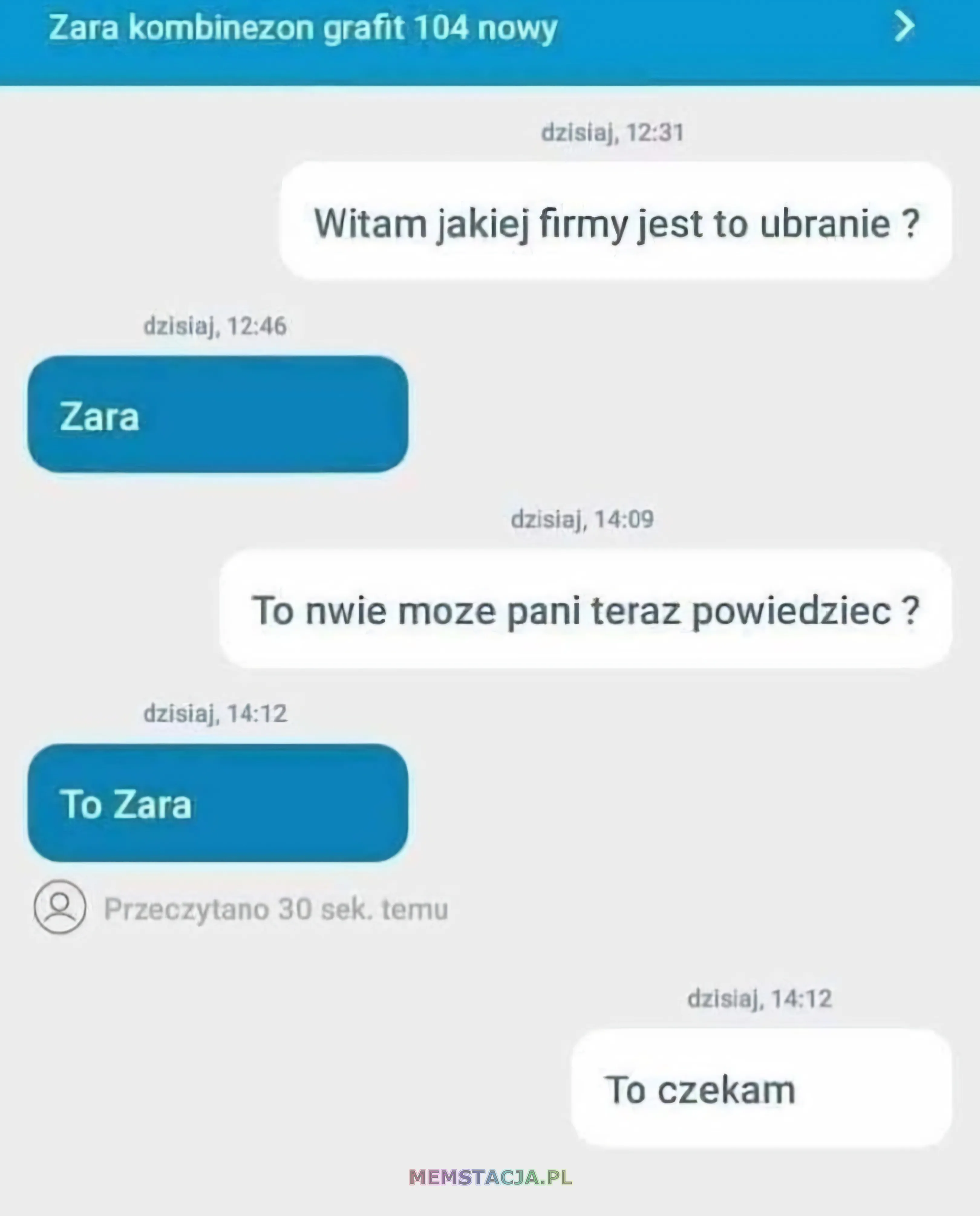 Screenshot wiadomości pomiędzy kupującym, a sprzedającym