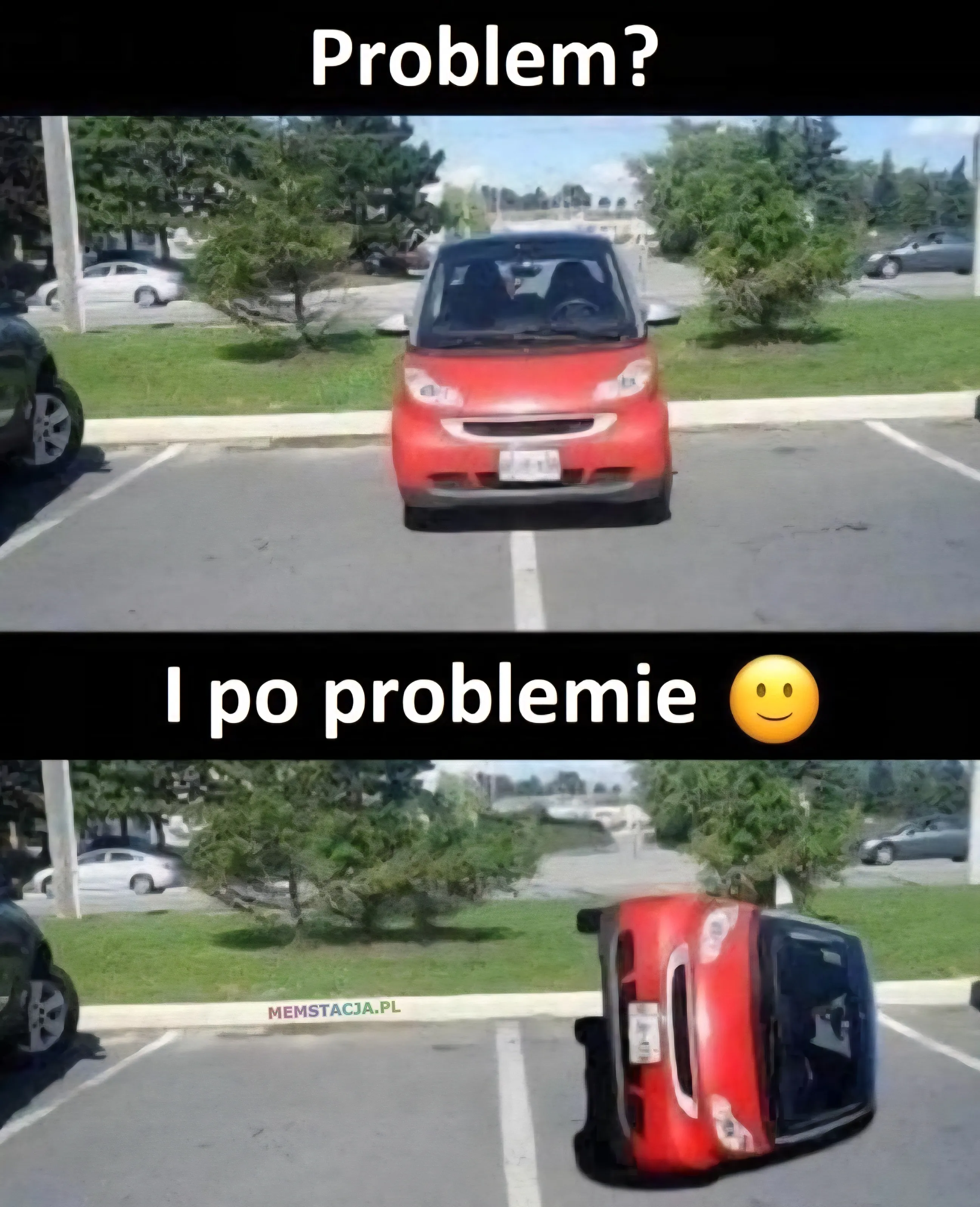 Mem o tytule: Niepos艂uszny kierowca 馃槑 Problem?: Zdj臋cie stoj膮cego auta na dw贸ch miejscach parkingowych; I po problemie 馃檪: Zdj臋cie auta po艂o偶onego bokiem na jednym miejscu parkingowym.