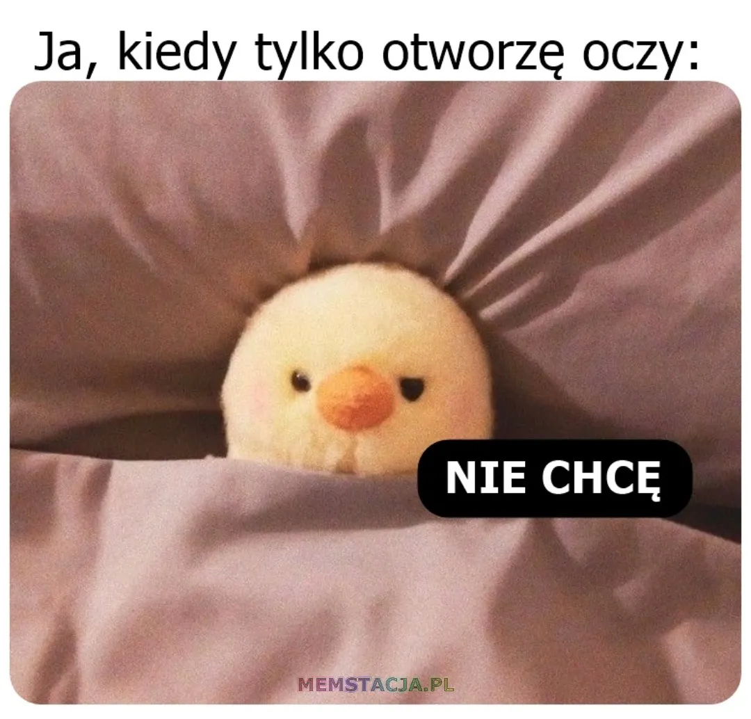 Mem przedstawiający postać w łóżku: 'Ja, kiedy tylko otworzę oczy: NIE CHCĘ'