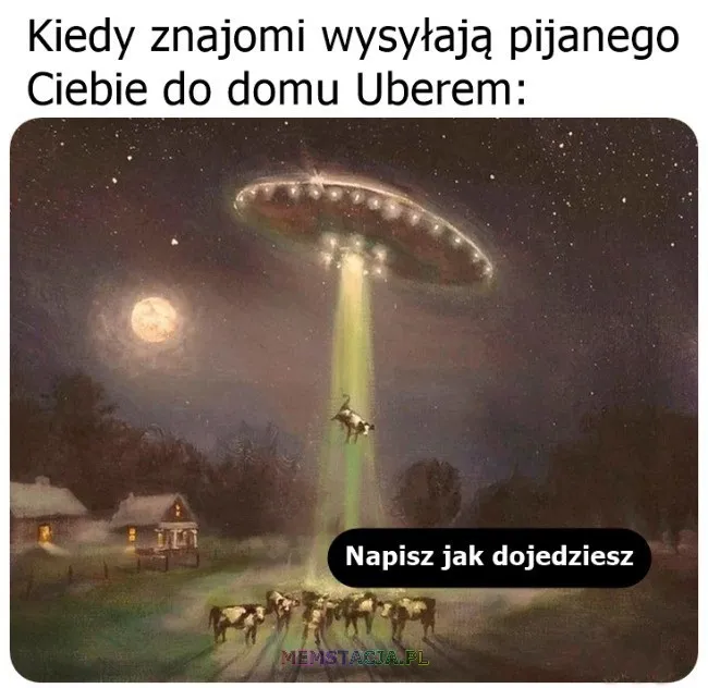 Mem przedstawiający stado krów i wciąganą jedną z nich przez statek kosmiczny (UFO): 'Kiedy znajomi wysyłają pijanego Ciebie do domu Uberem. Napisz jak dojedziesz'