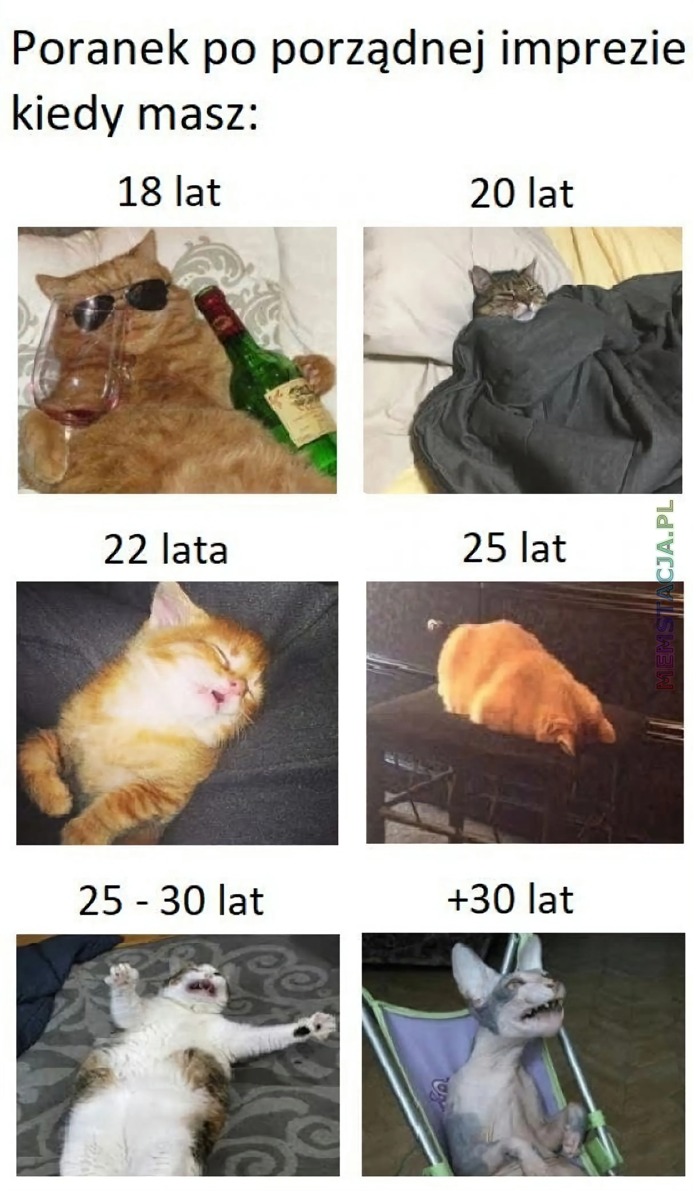 Mem przedstawiający stany postani w zależności od wieku: 'Poranek po porządnej imprezie, kiedy masz'
