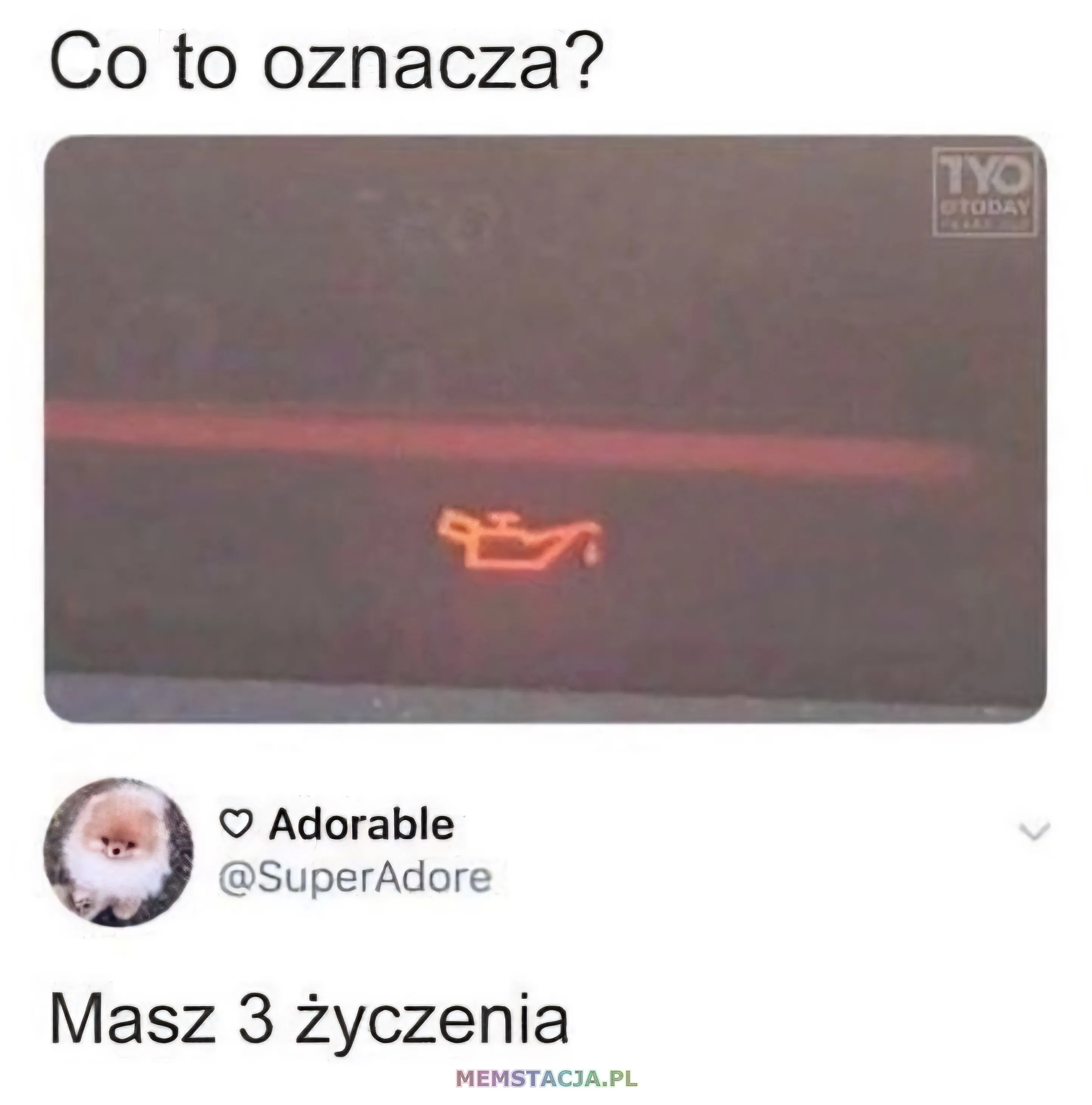 Zdjęcie deski rozdzielczej samochodu ze świecącą ikoną niskiego poziomu oleju: "Co to oznacza? Komentarz: Masz 3 życzenia"