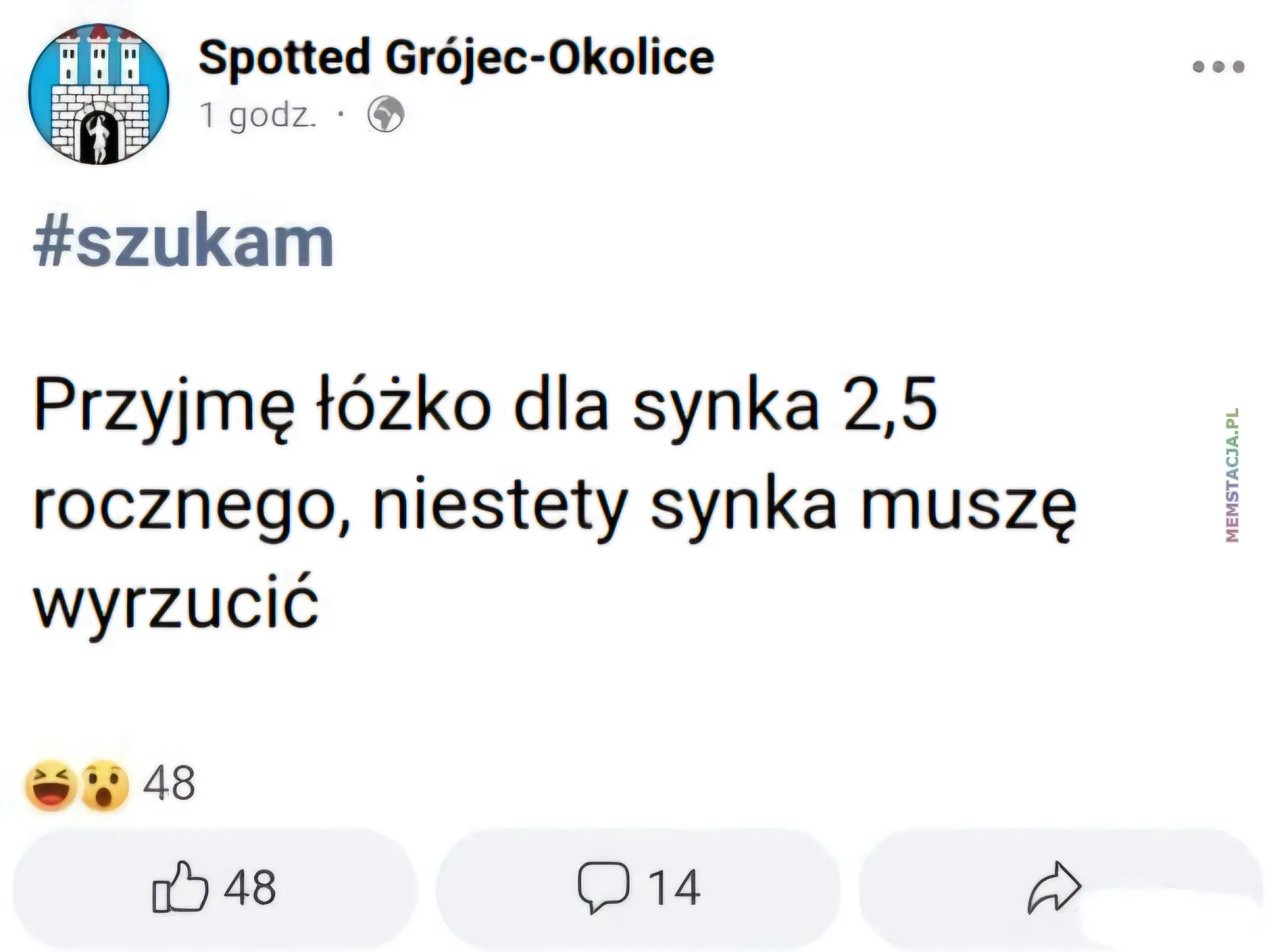 Post na Facebooku: Przyjmę łóżko dla synka 2,5 rocznego, niestety synka muszą wyrzucić