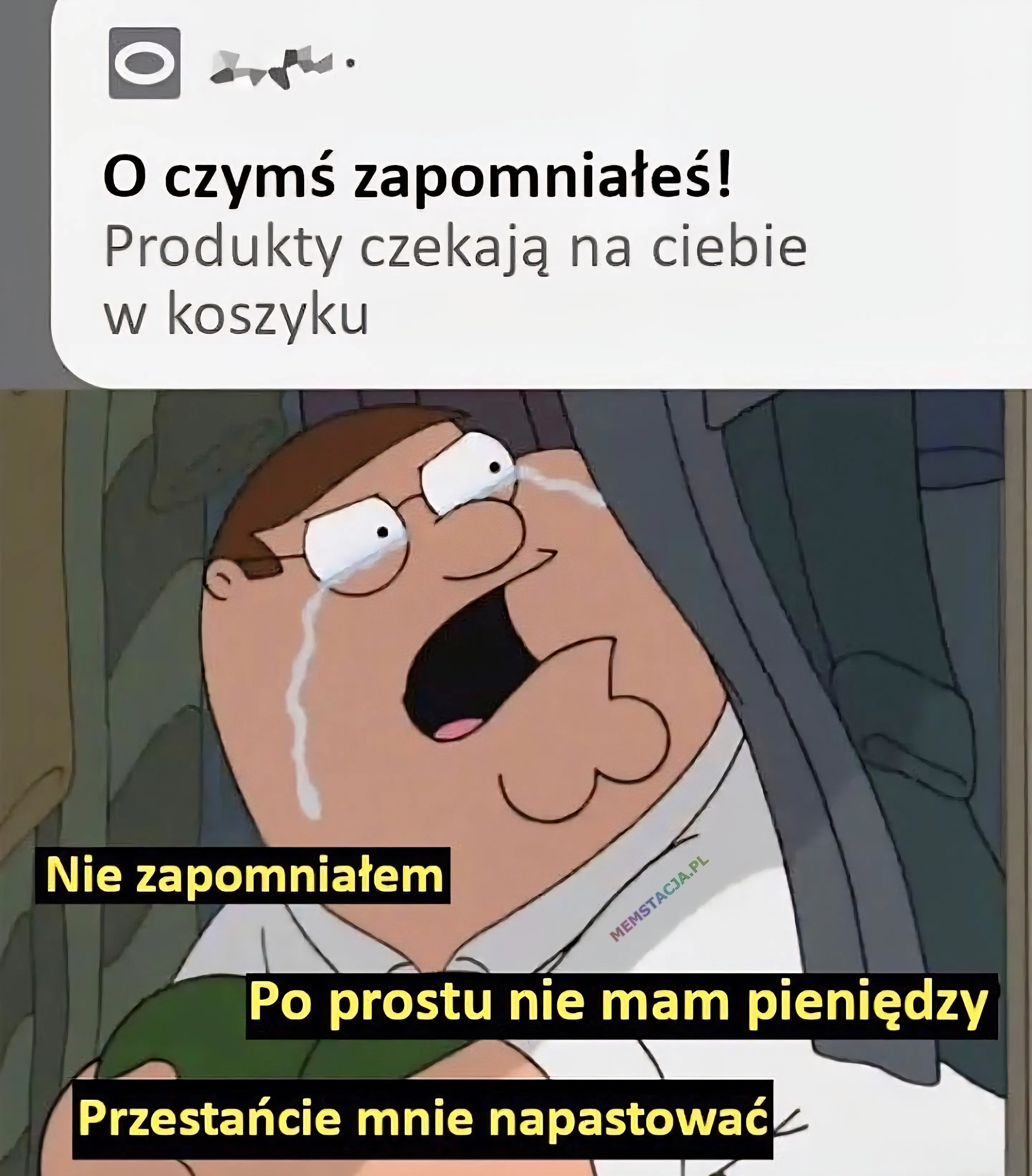 Powiadomienie z aplikacji zakupowej z tekstem „O czymś zapomniałeś! Produkty czekają na ciebie w koszyku” oraz płaczący Peter Griffin z kreskówki „Family Guy” mówiący: „Nie zapomniałem. Po prostu nie mam pieniędzy. Przestańcie mnie napastować.”