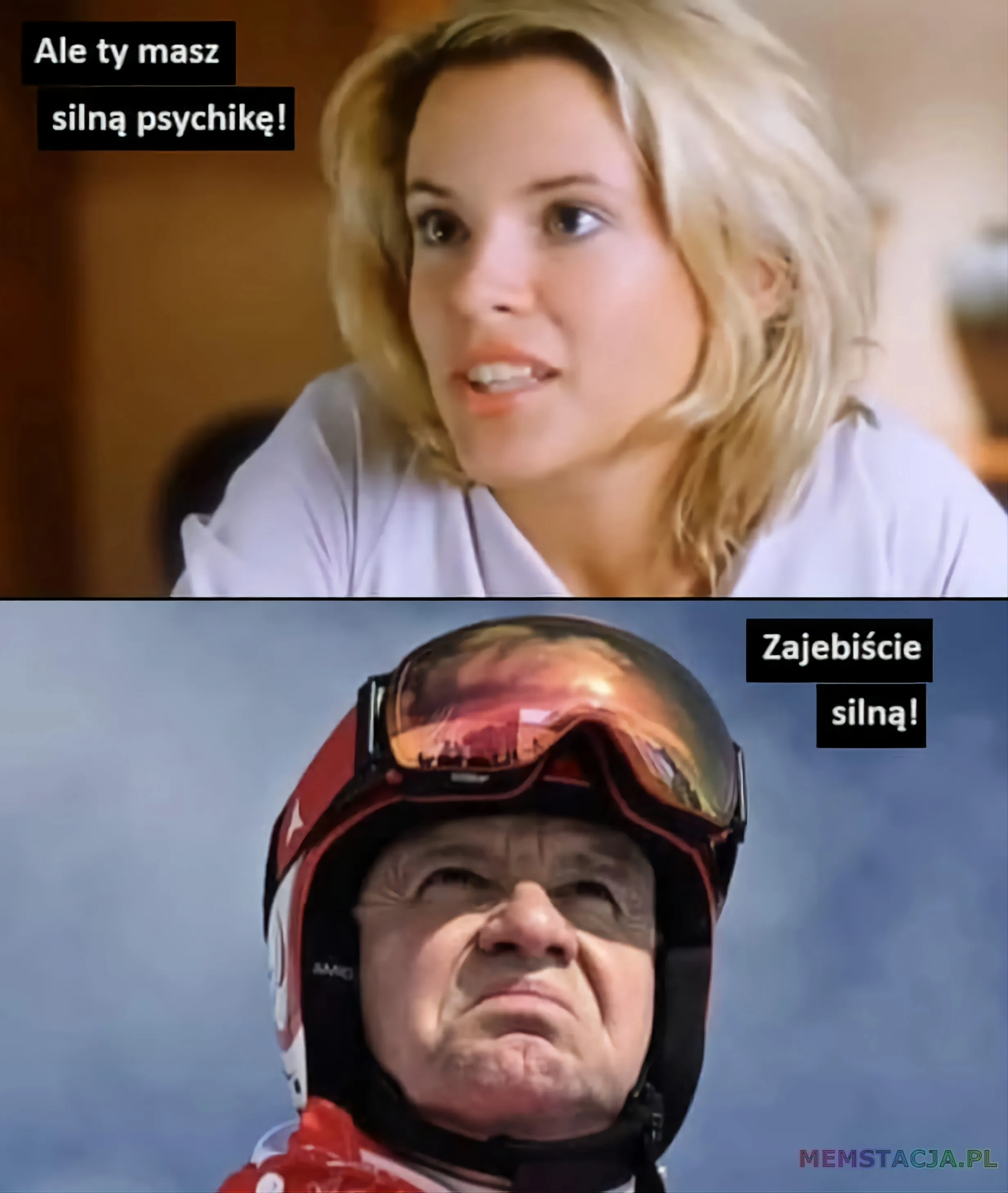 Mem przedstawiający postać kobiety, która mówi: 'Ale ty masz silną psychikę!' oraz postać Prezydenta Andrzeja Dudy odpowiadającego: 'Zajebiście silną!'