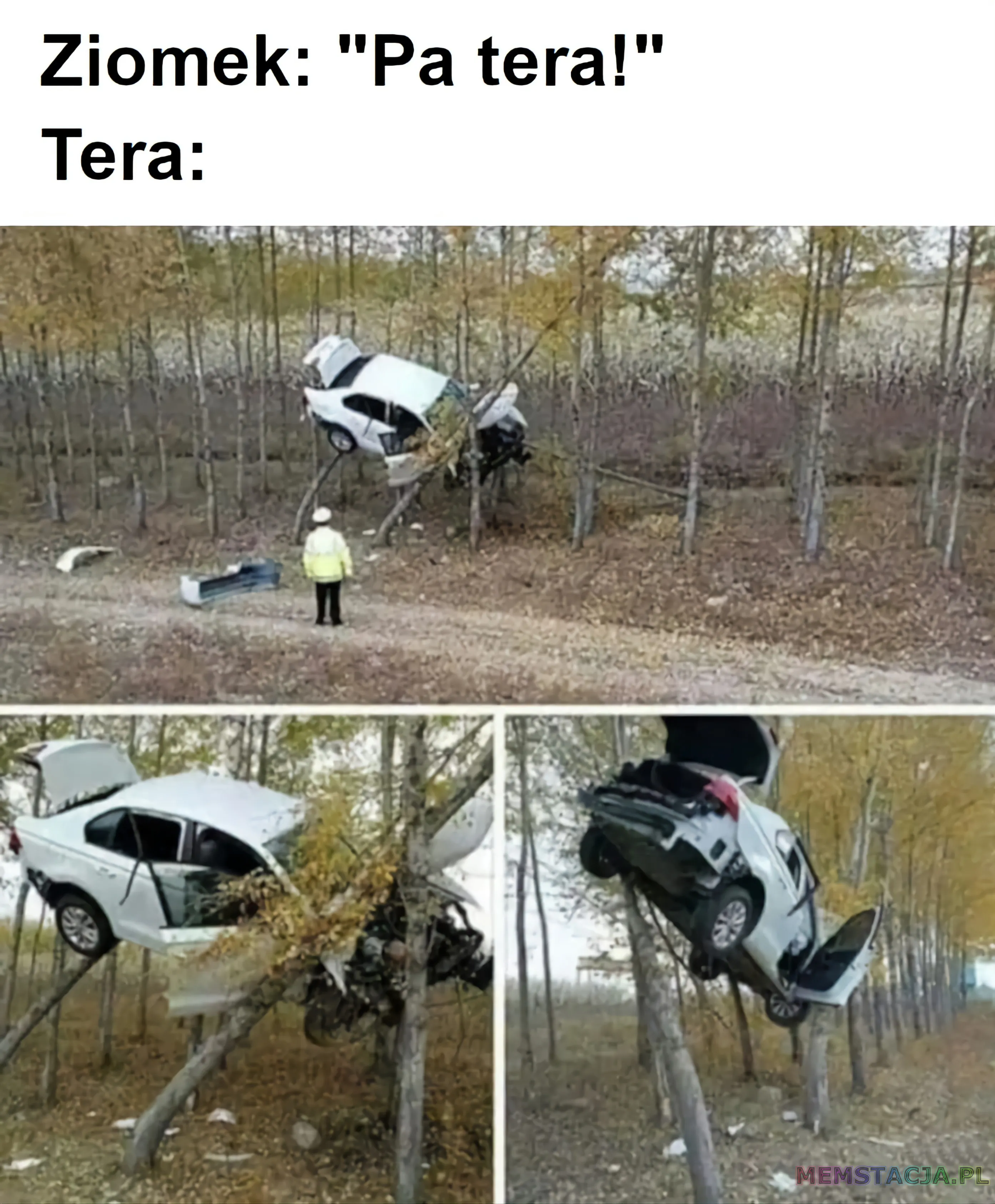 Zdjęcia przedstawiające roztrzaskane auto na drzewach: 'Ziomek: "Pa tera!"'